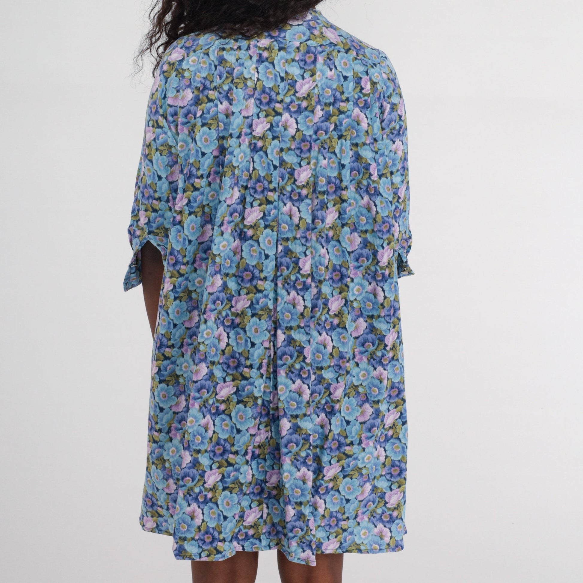 80s Floral Tent Dress Blue Purple Button Up 3/4 Sleeve Mini Small
