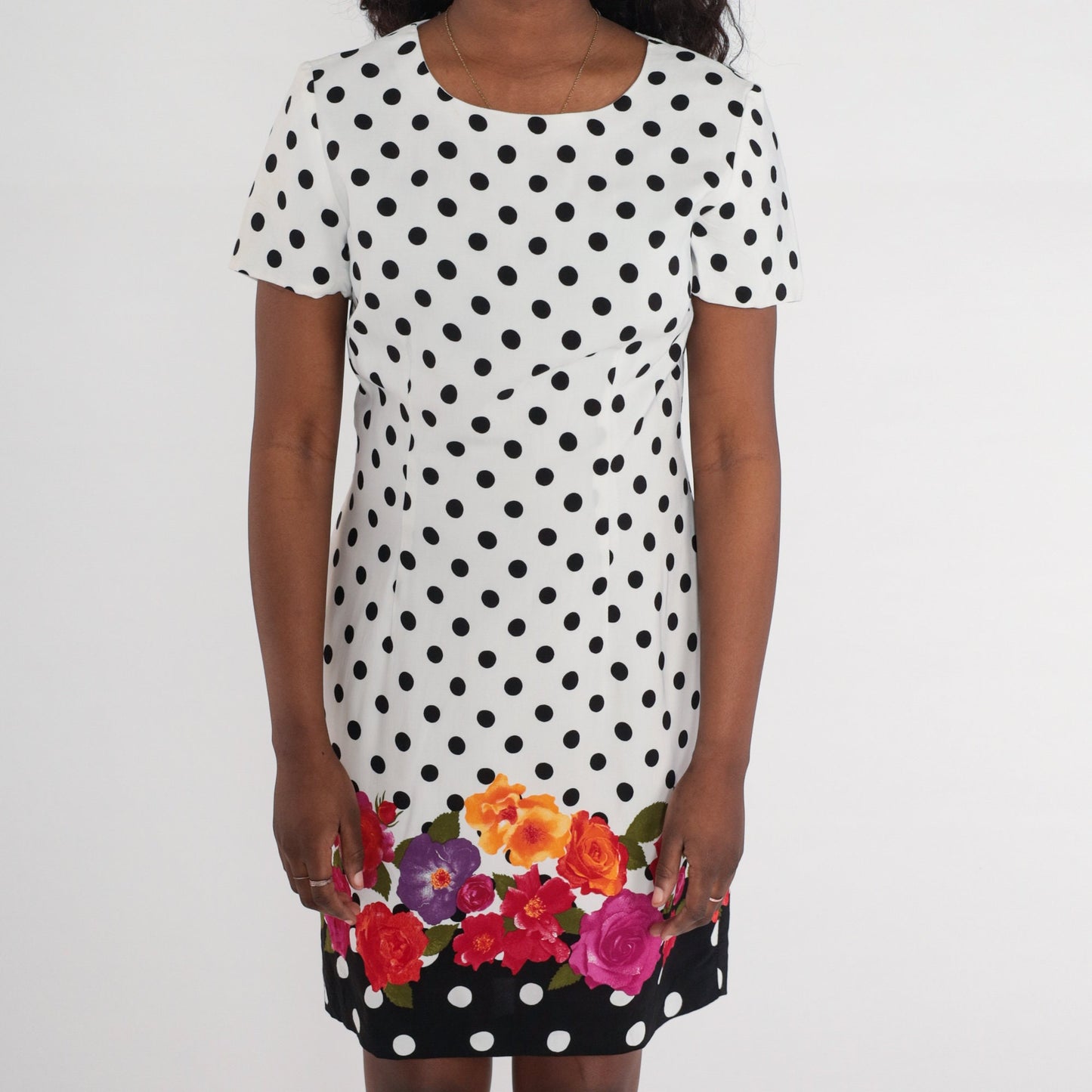 00s Polka Dot Floral Sheath Mini Dress Black White Short Sleeve Medium 8