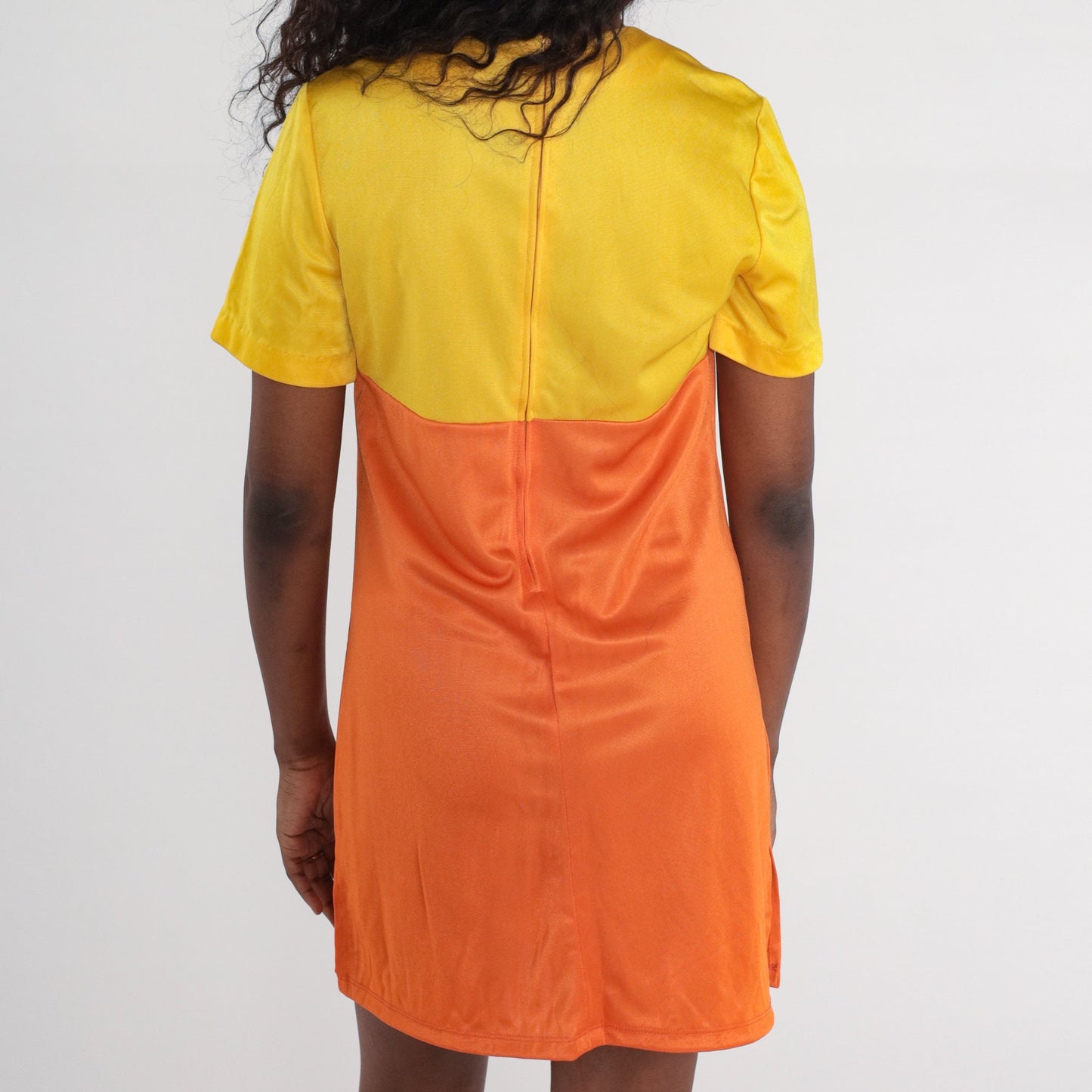 1960s Mod Mini Shift Dress Orange Yellow Colour Block Sleeveless Medium