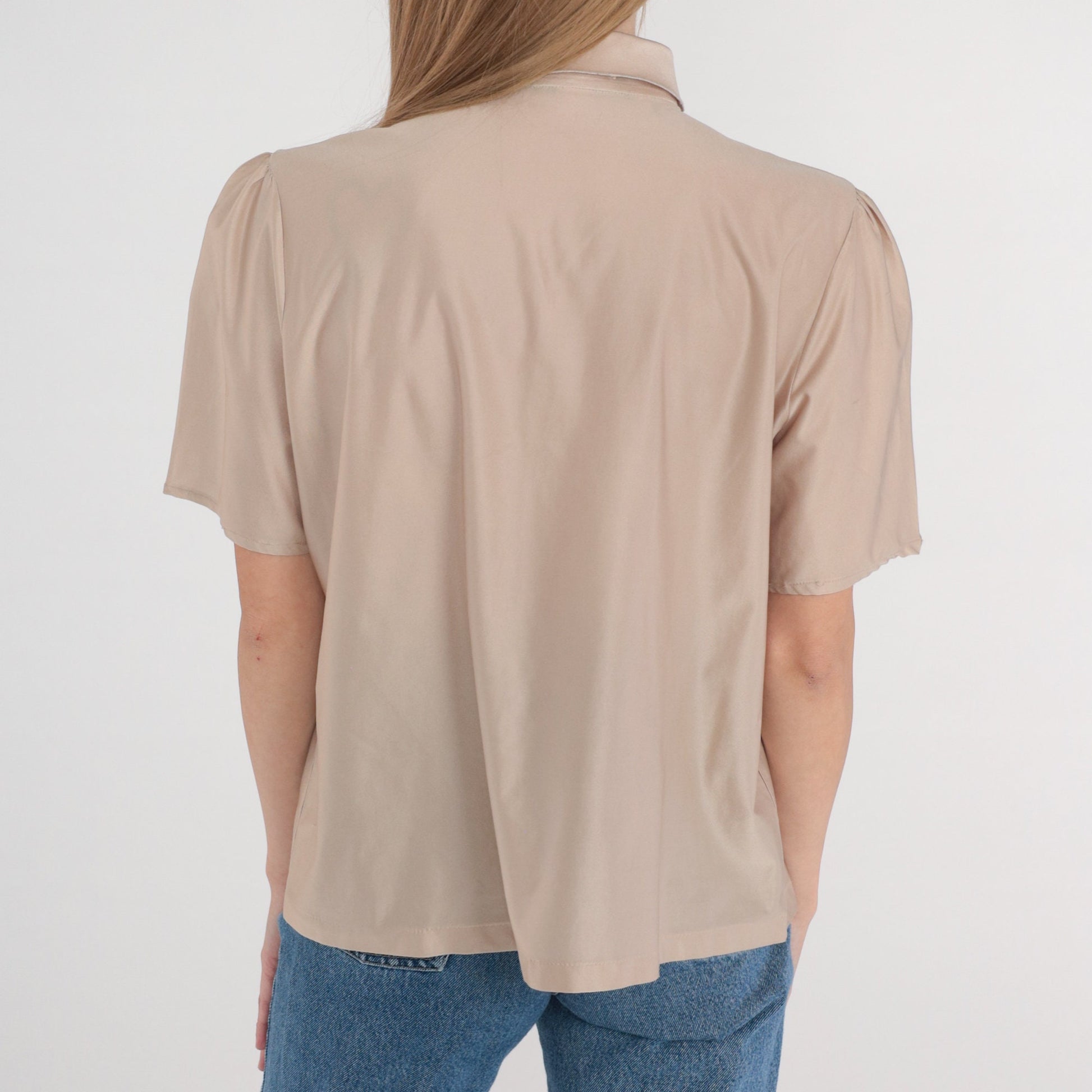 70s Taupe Puff Sleeve Blouse Peter Pan Collar Embroidered Floral Button Up Medium