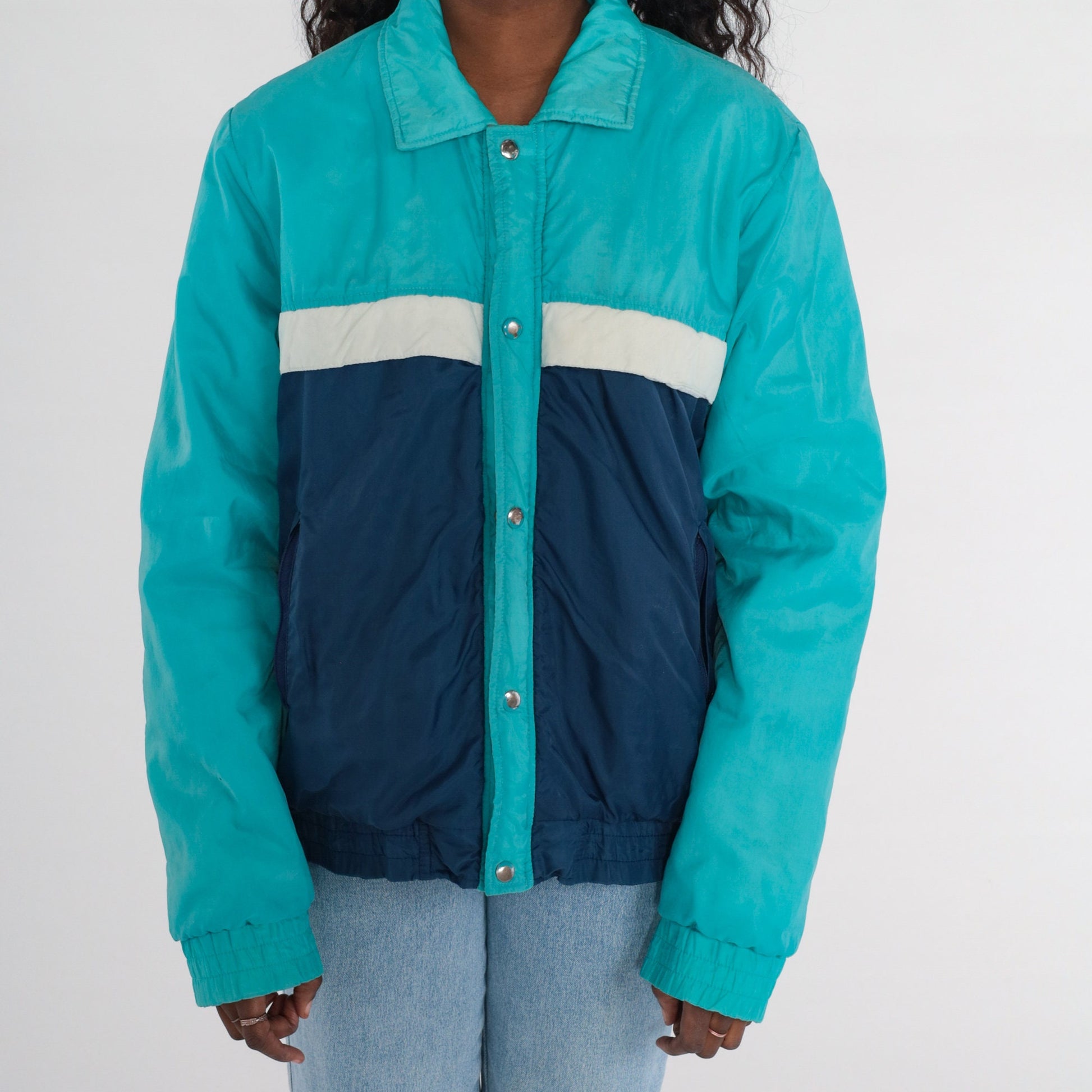 80s Colour Block Ski Jacket Blue Aqua Puffer Zip Coat Men's Medium
