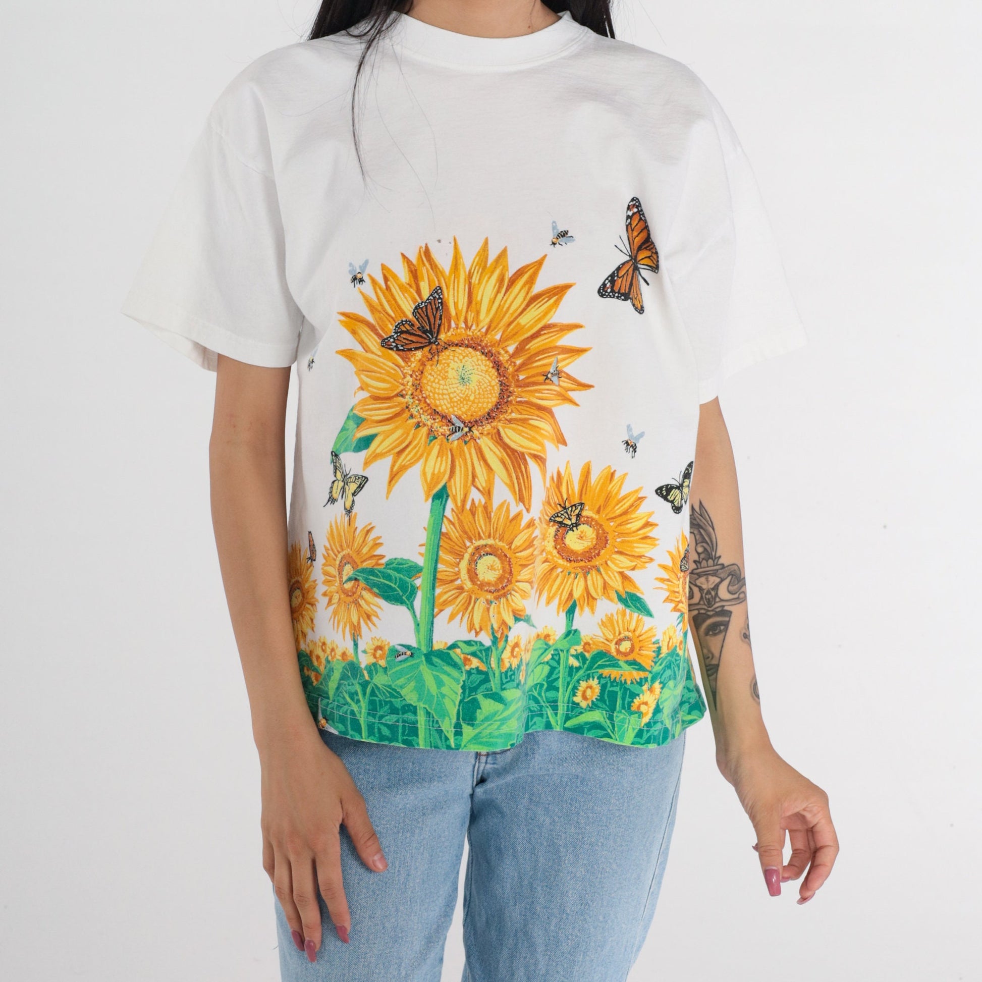 90s Sunflower Bumblebee Butterfly Graphic T-Shirt Cotton Floral Tee Large