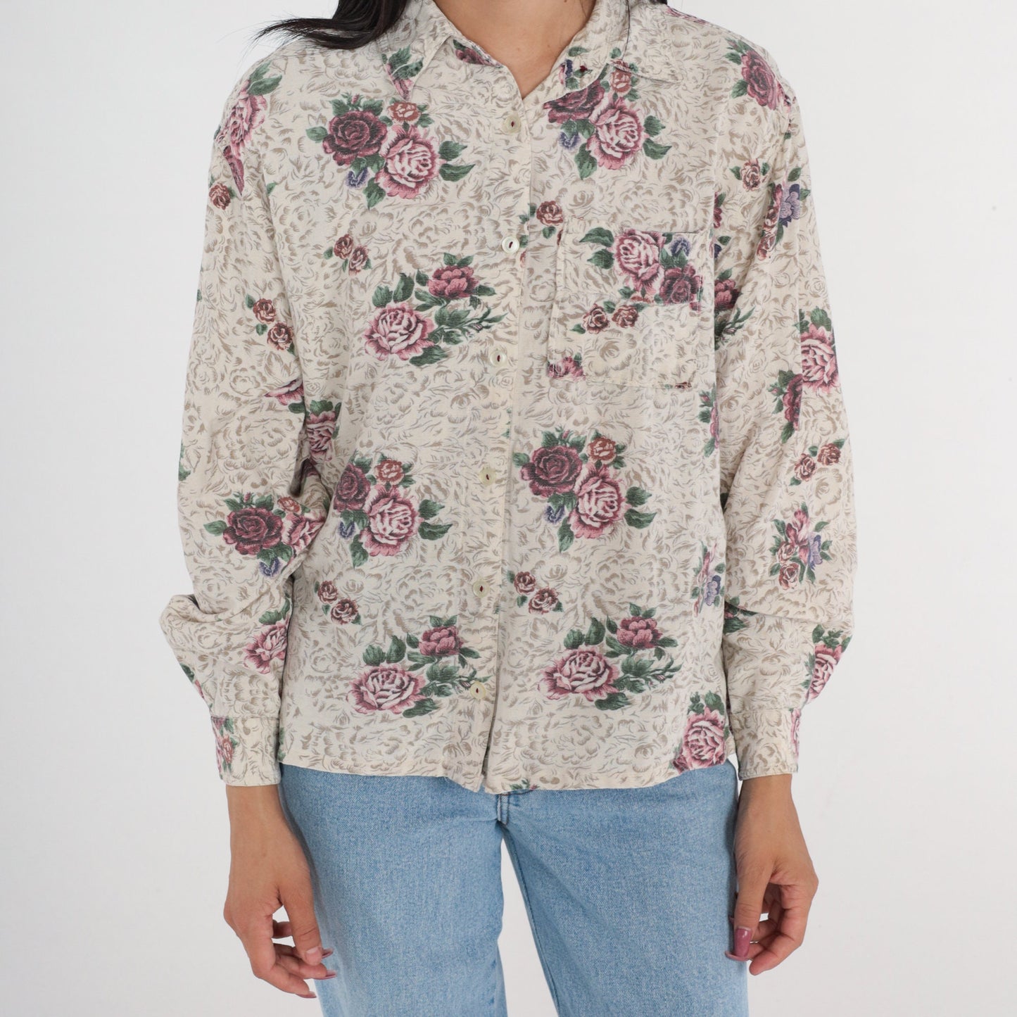 00s Lemon Grass Floral Button-Up Blouse Long Sleeve Collared Shirt Large L