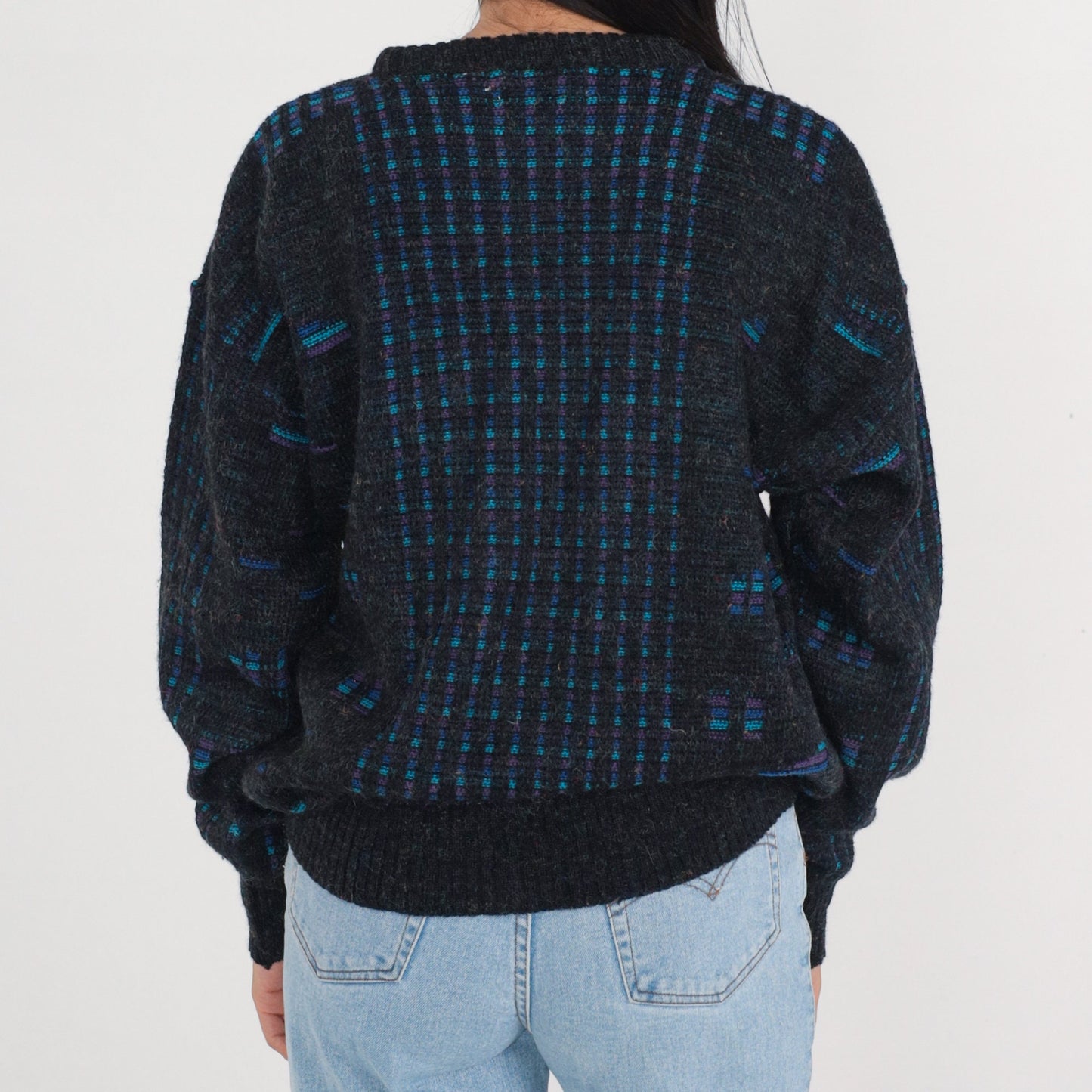 90s Checkered Knit Sweater Dark Grey Blue Purple Pullover Medium M