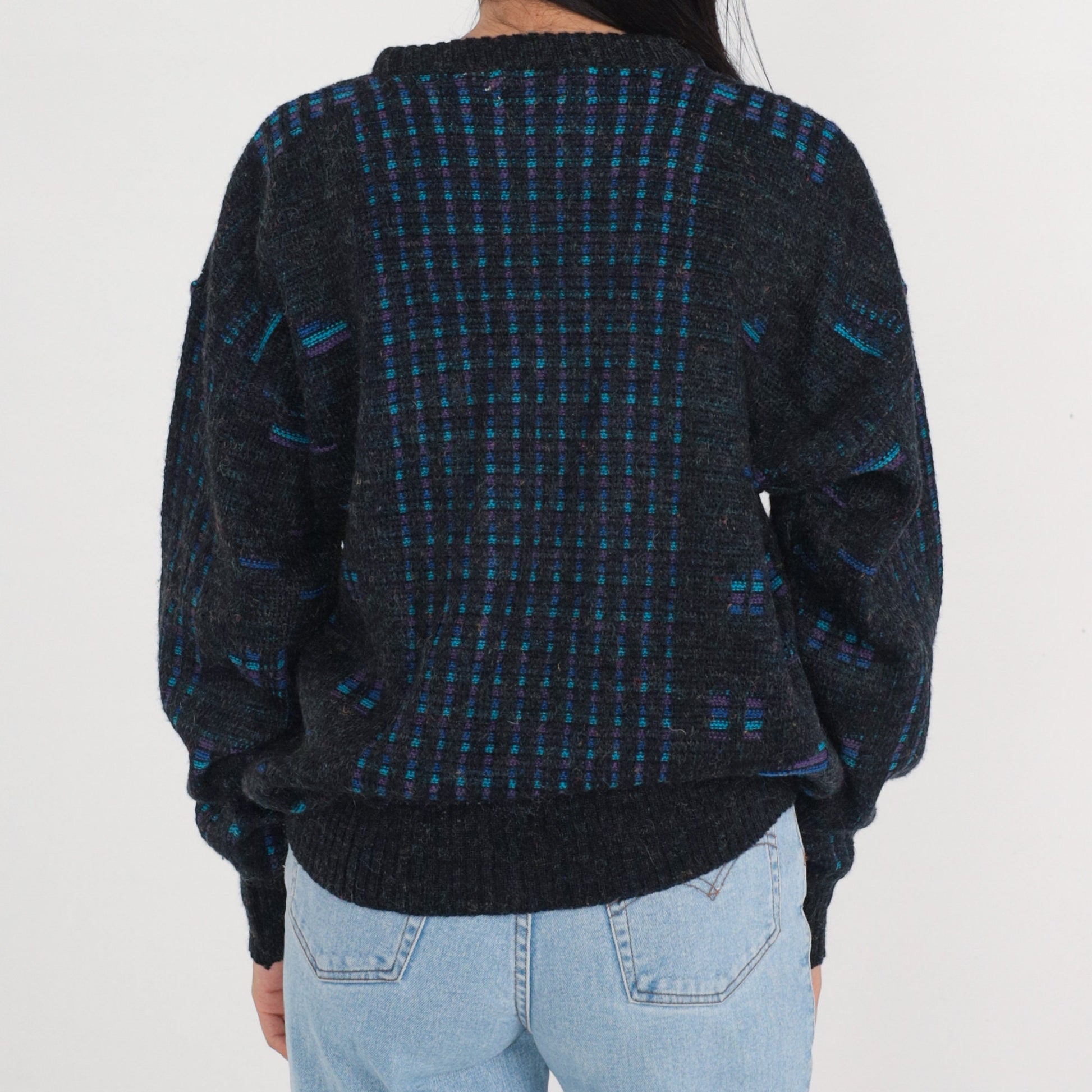 90s Checkered Knit Sweater Dark Grey Blue Purple Pullover Medium M