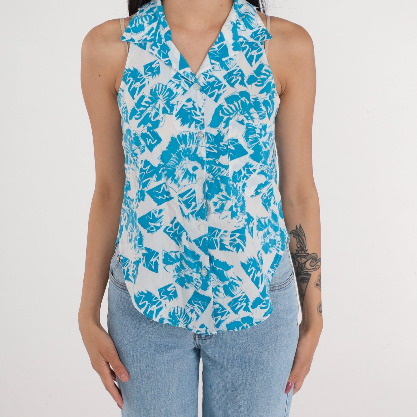 90s White Blue Abstract Print Button-Up Tank Top Small S