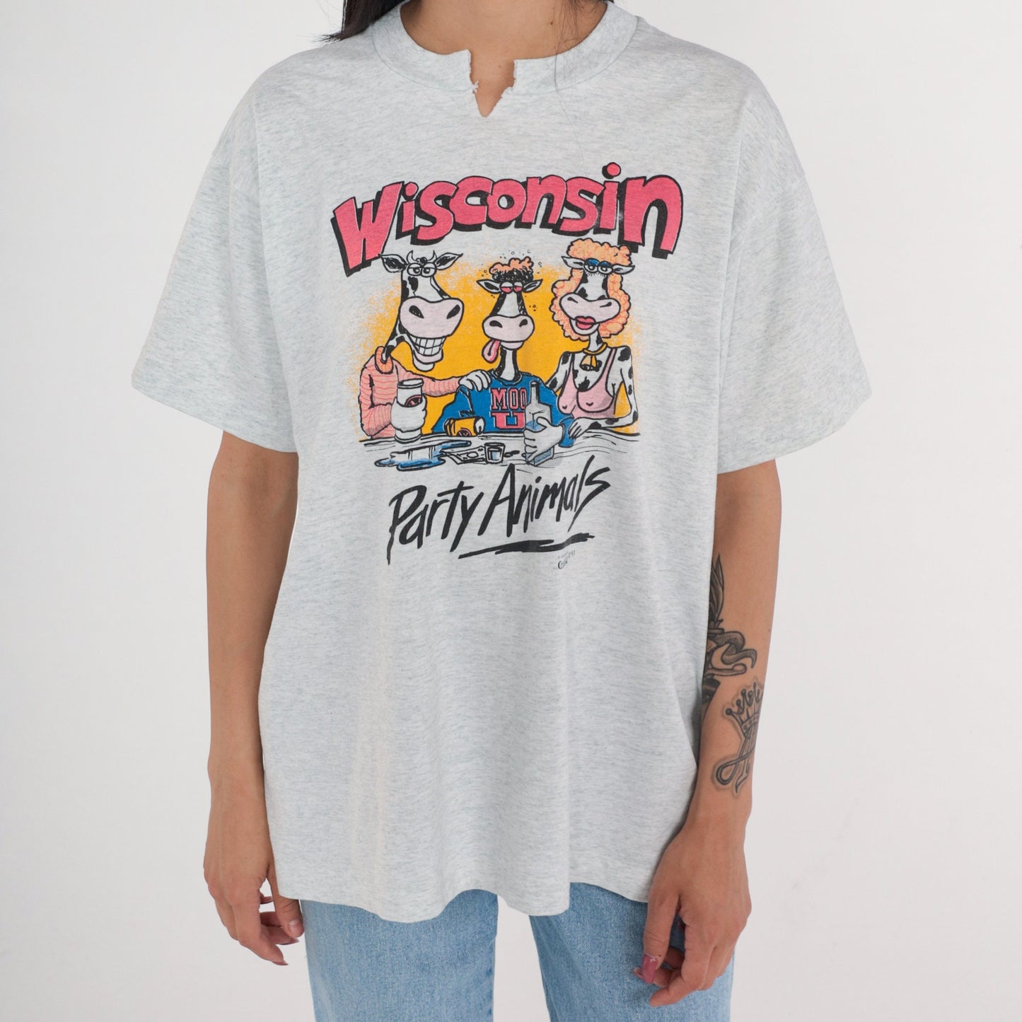 90s Wisconsin Party Animals Cow Graphic T-Shirt White Single Stitch Extra Large