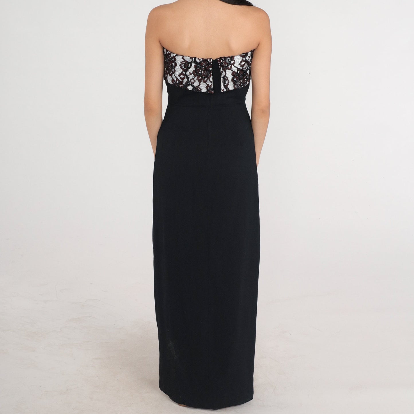 Y2K Black Strapless Maxi Dress Lace Bow Side Slit Formal Gown Small S