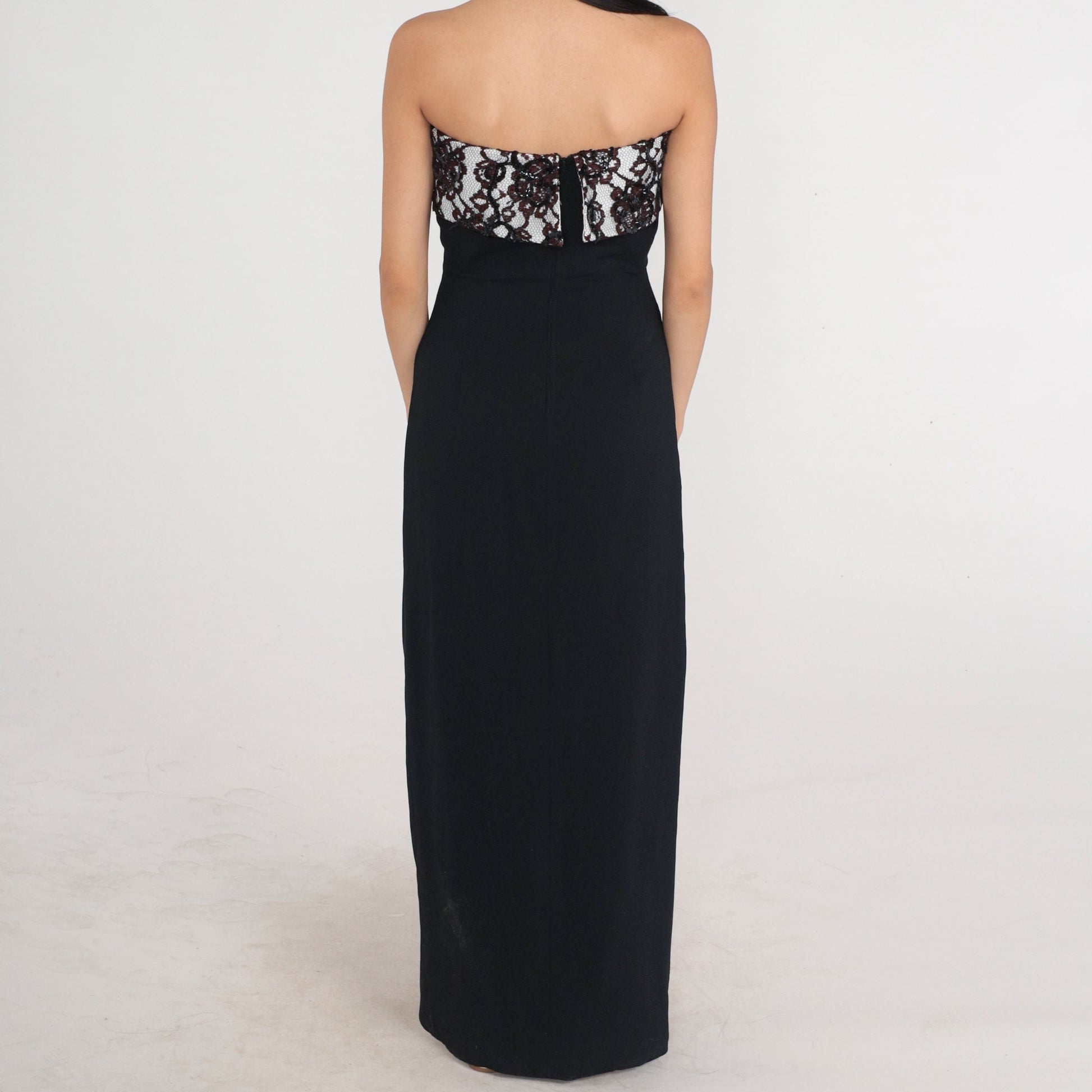 Y2K Black Strapless Maxi Dress Lace Bow Side Slit Formal Gown Small S