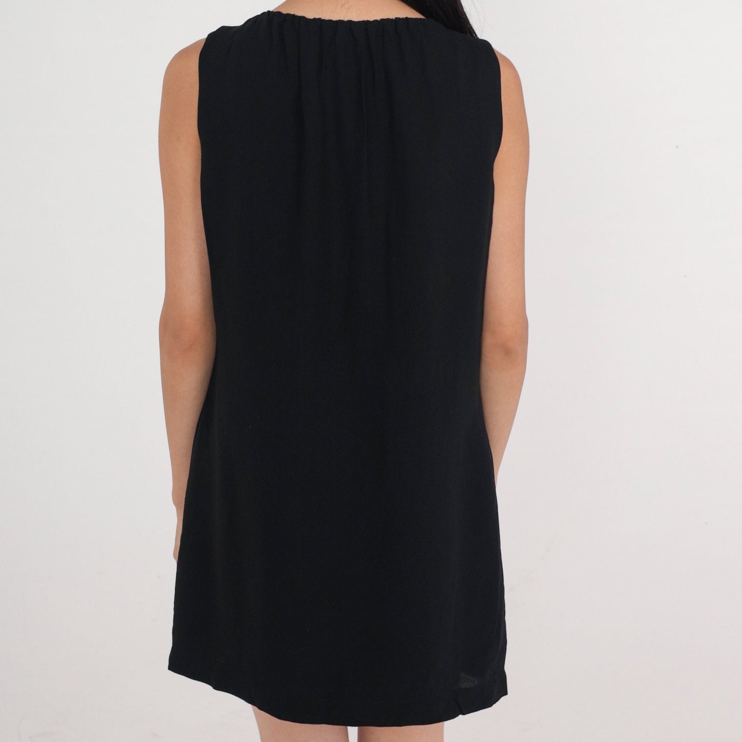 60s Black Shift Dress Bow Neckline Button Front Mini Medium M