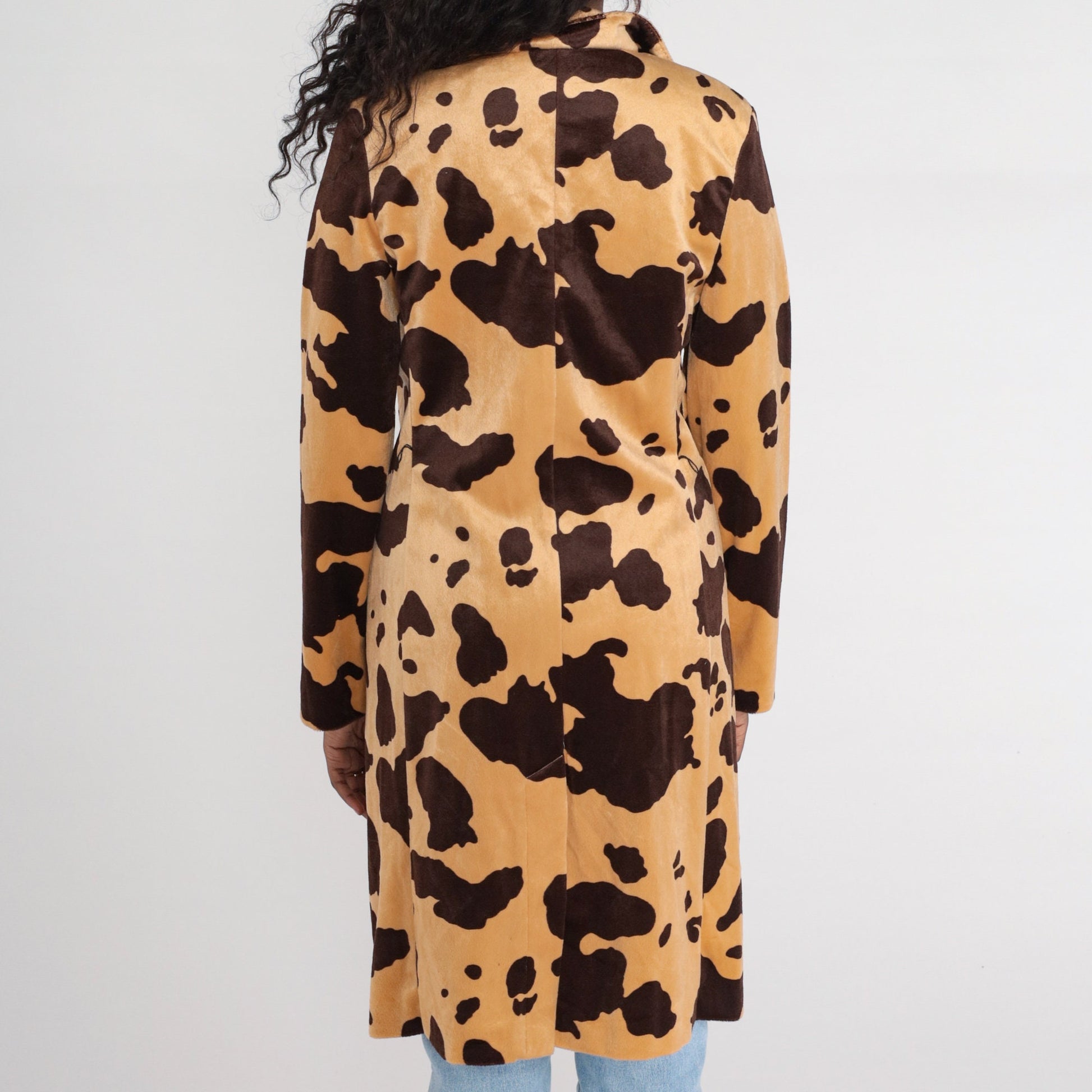 90s Cow Print Faux Fur Jacket Brown Button-Up Knee-Length Small