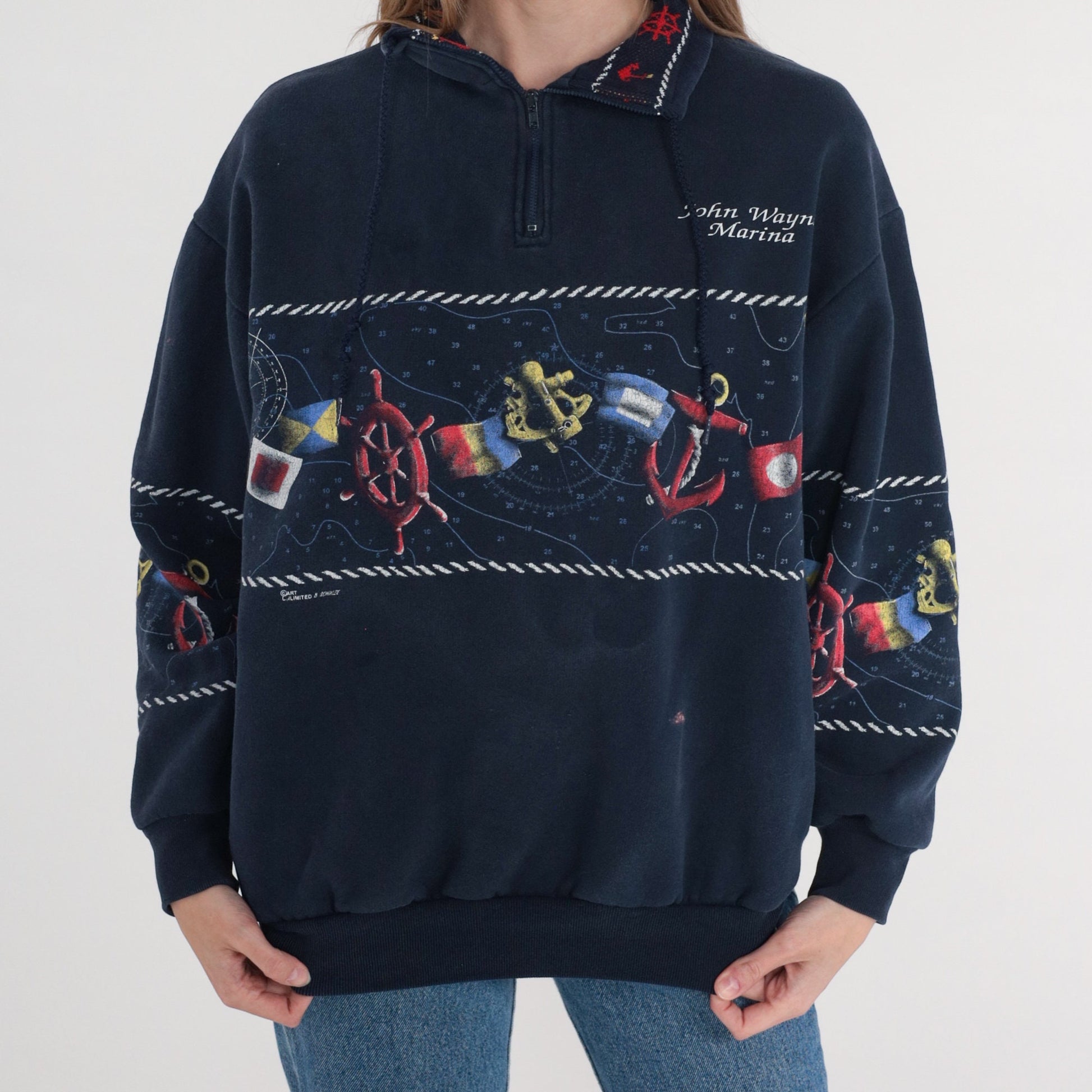 90s John Wayne Marina Celestial Quarter Zip Sweatshirt Navy Blue Medium M