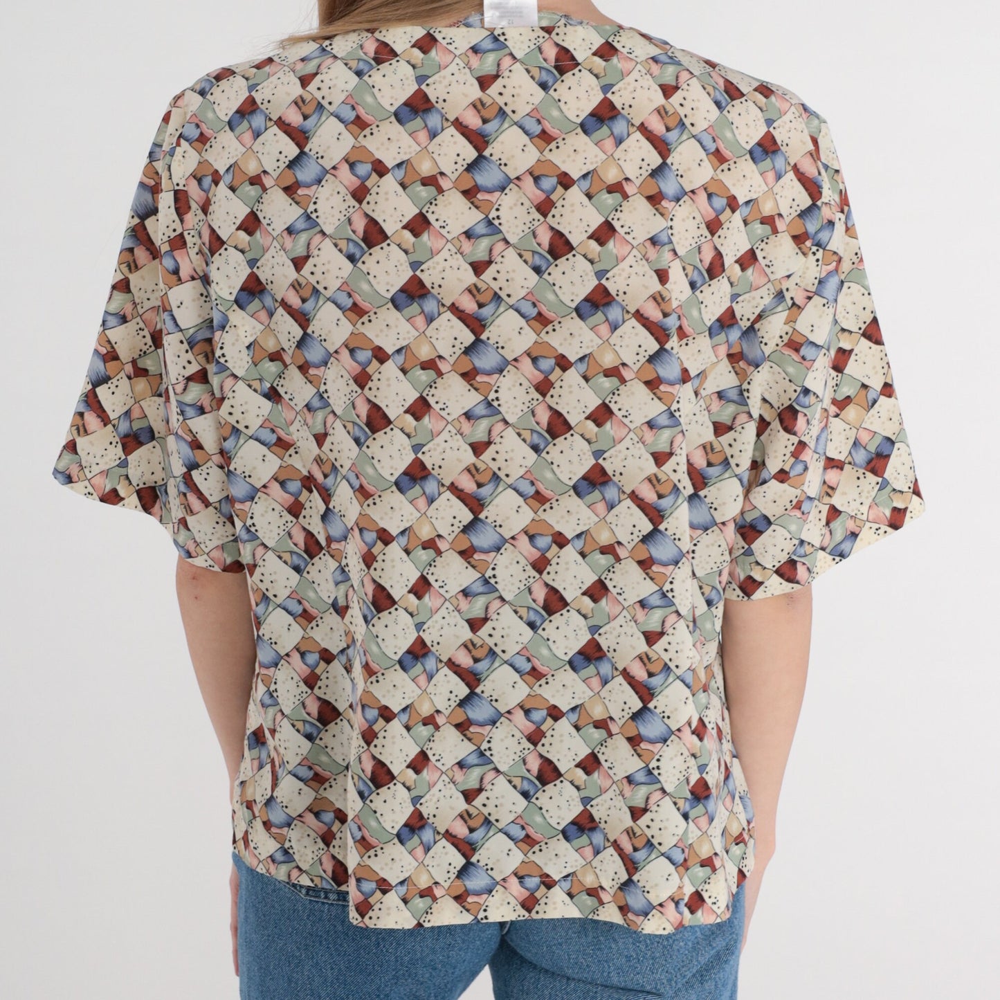Y2K Abstract Print Button-Up Blouse Short Sleeve Multicolor Op Art Top Large 12