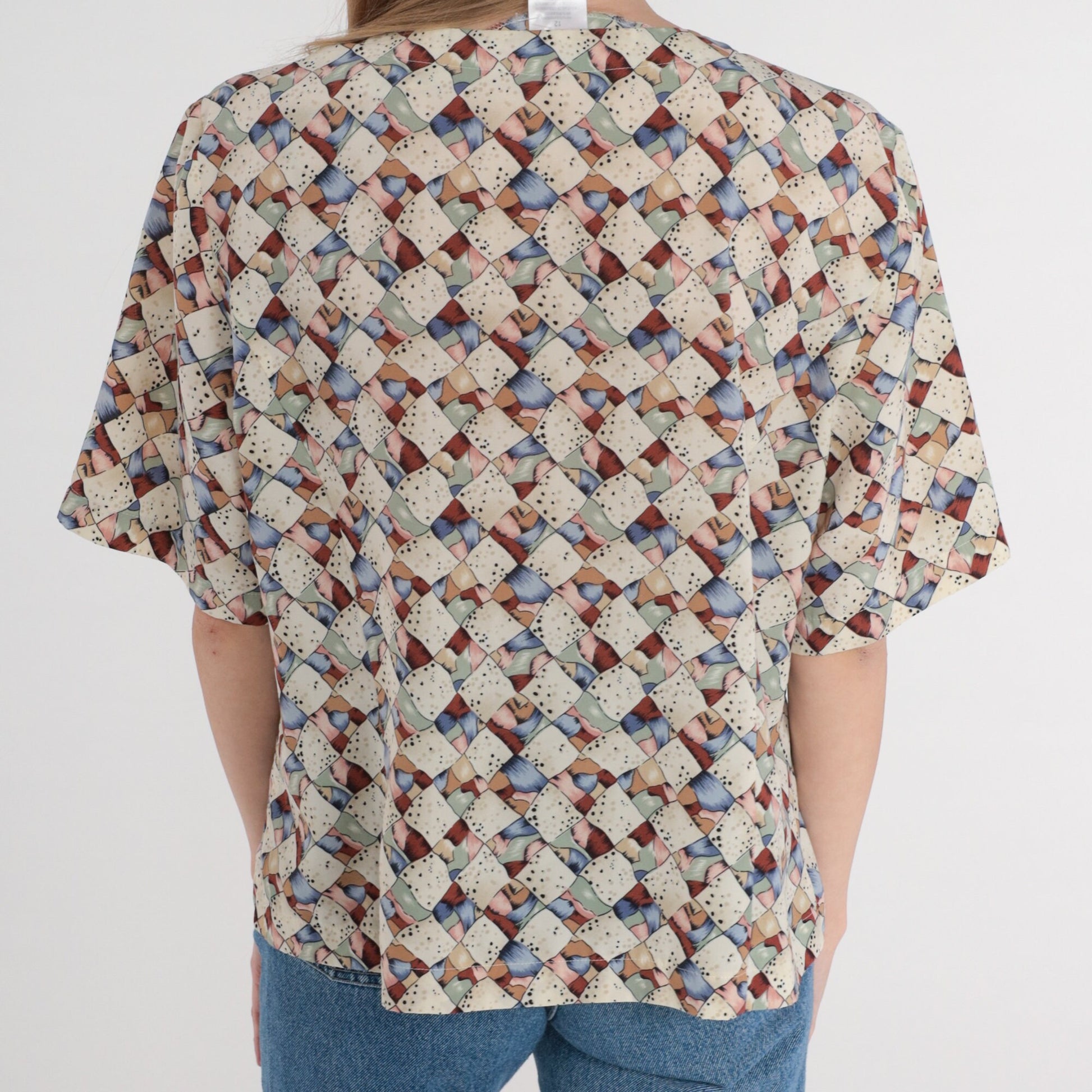 Y2K Abstract Print Button-Up Blouse Short Sleeve Multicolor Op Art Top Large 12
