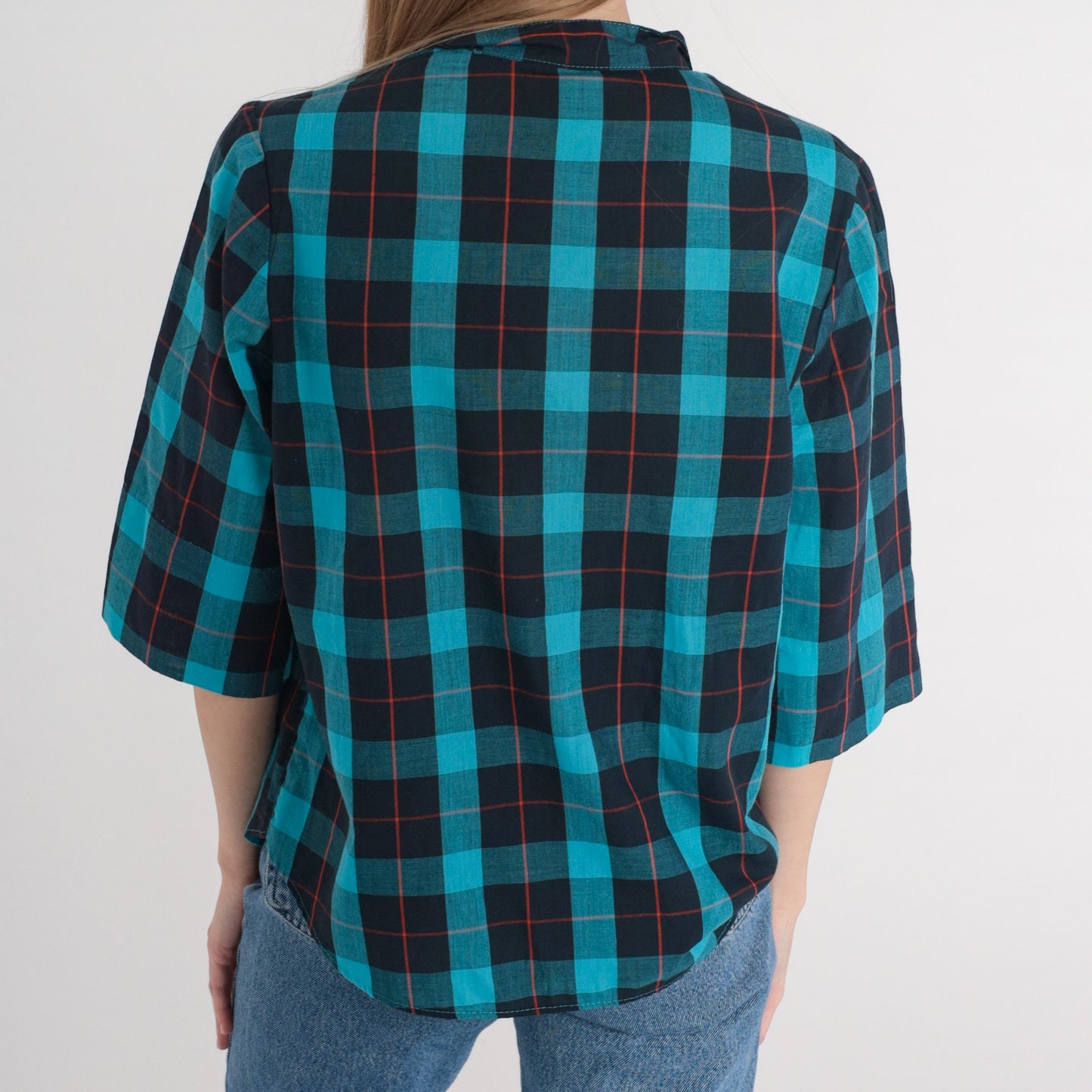 80s Turquoise Plaid Blouse Half-Button Puff Sleeve Shirt Medium M