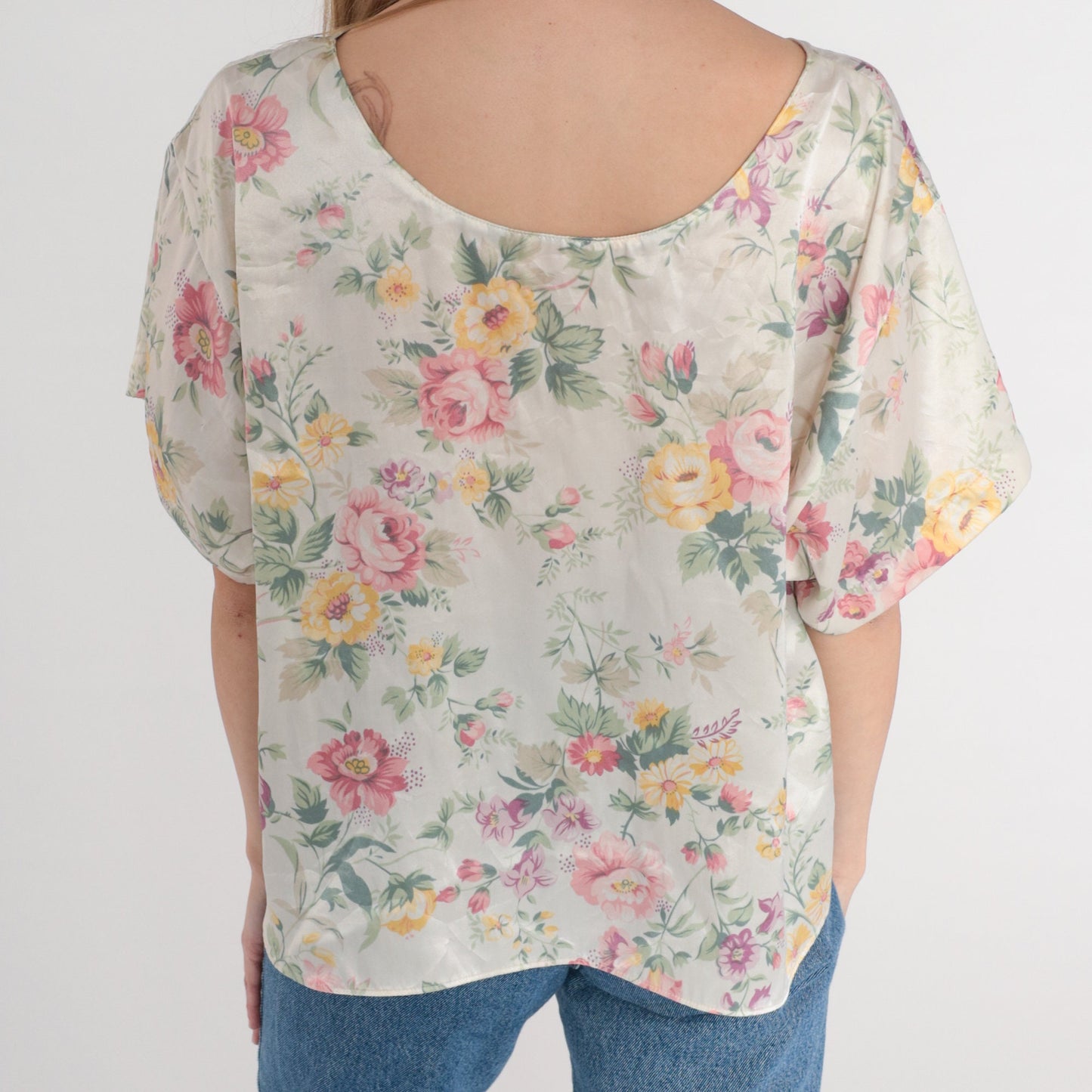 90s Barbizon Floral Satin Pajama Top Cream Half-Button Sleep Shirt Large L