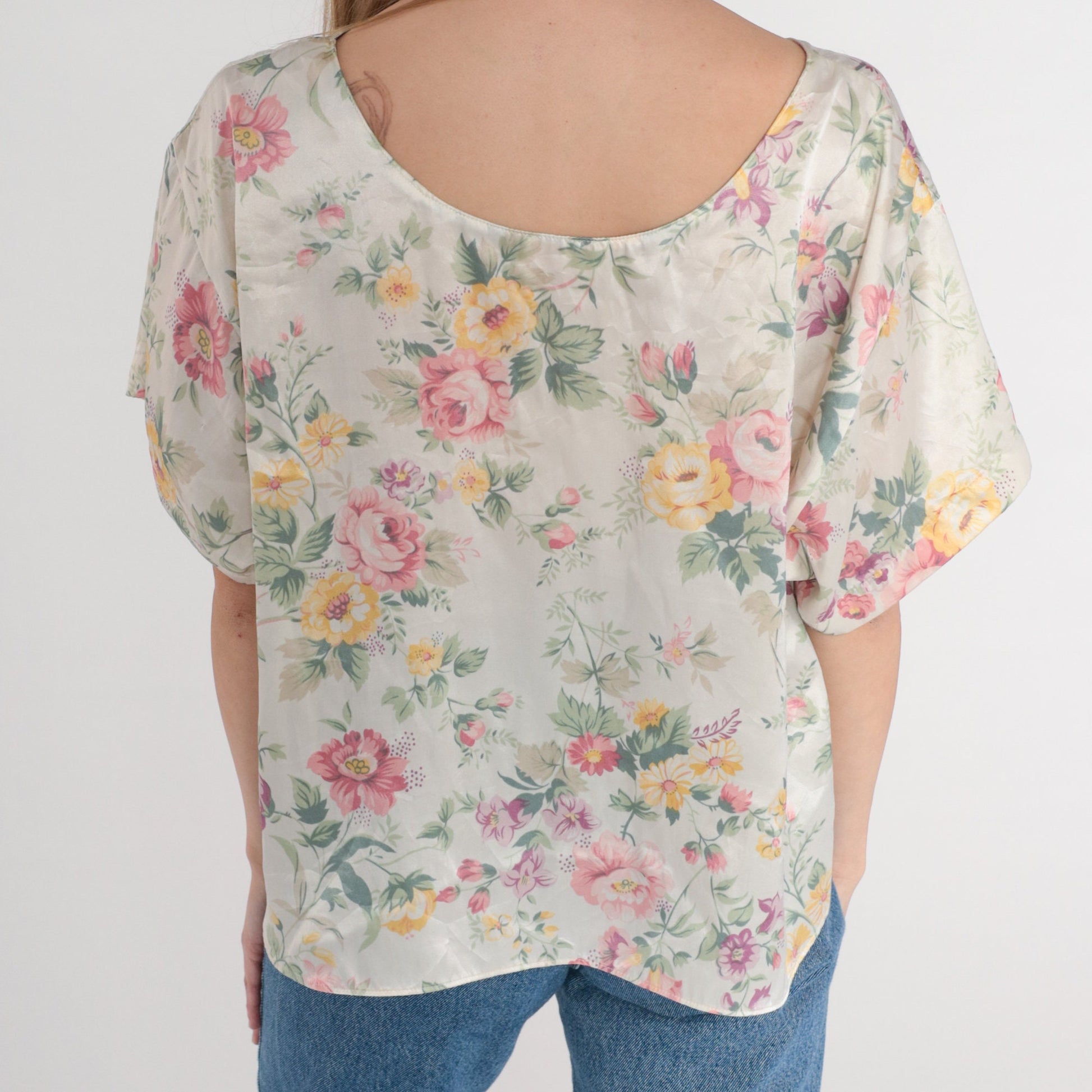 90s Barbizon Floral Satin Pajama Top Cream Half-Button Sleep Shirt Large L