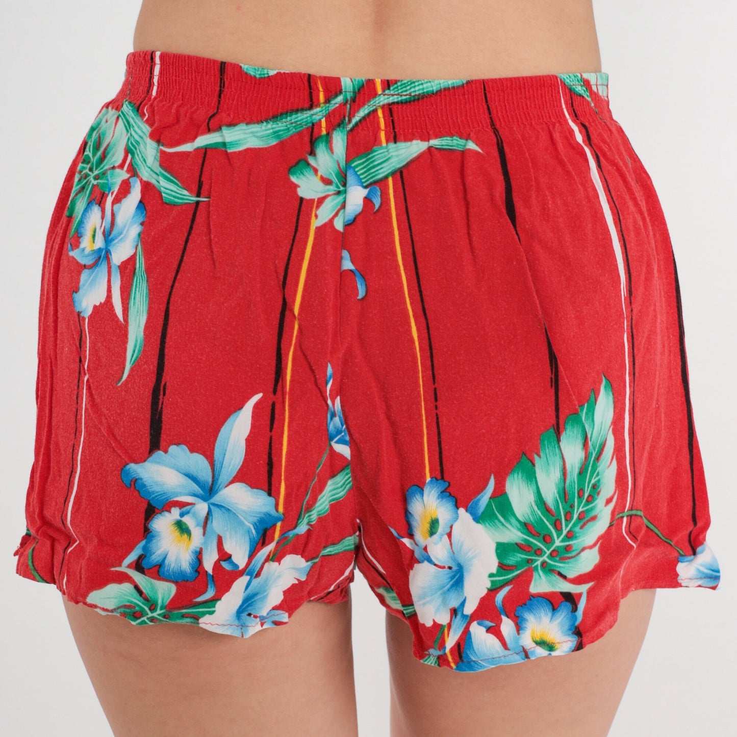 80s Tropical Floral High-Waist Shorts Red Cotton Jungle Print XS