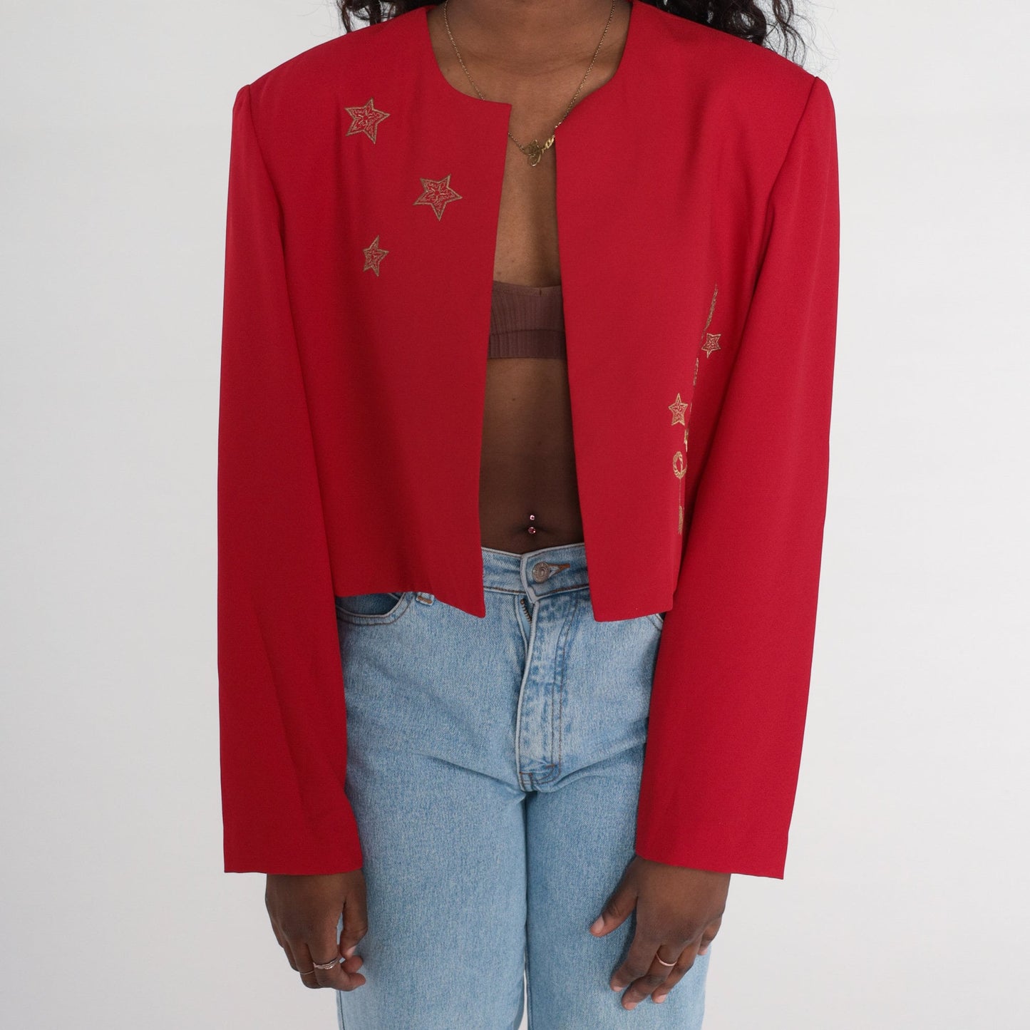 90s Red Cropped Jacket Gold Star Embroidered Open Front Blazer Extra Large XXL