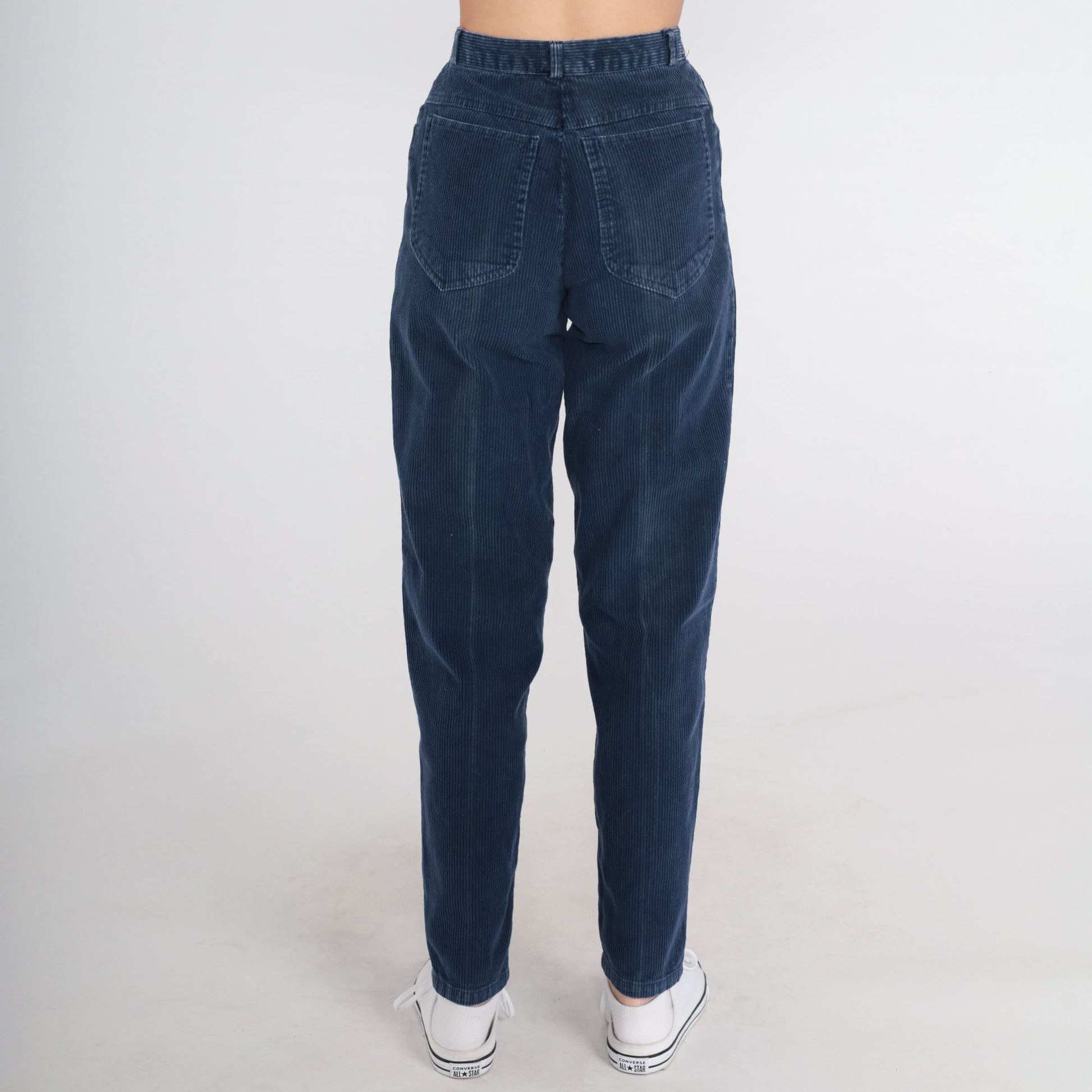 80s Navy Corduroy Pants High Waist Tapered Pleated Trousers XXS