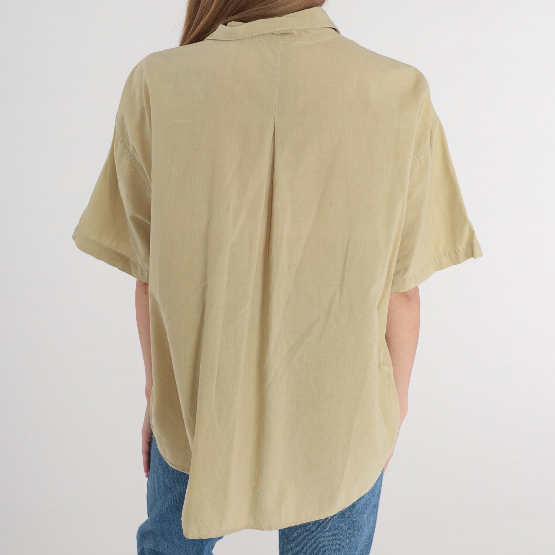 90s Green Cotton Button-Up Shirt Chest Pocket Short Sleeve Medium
