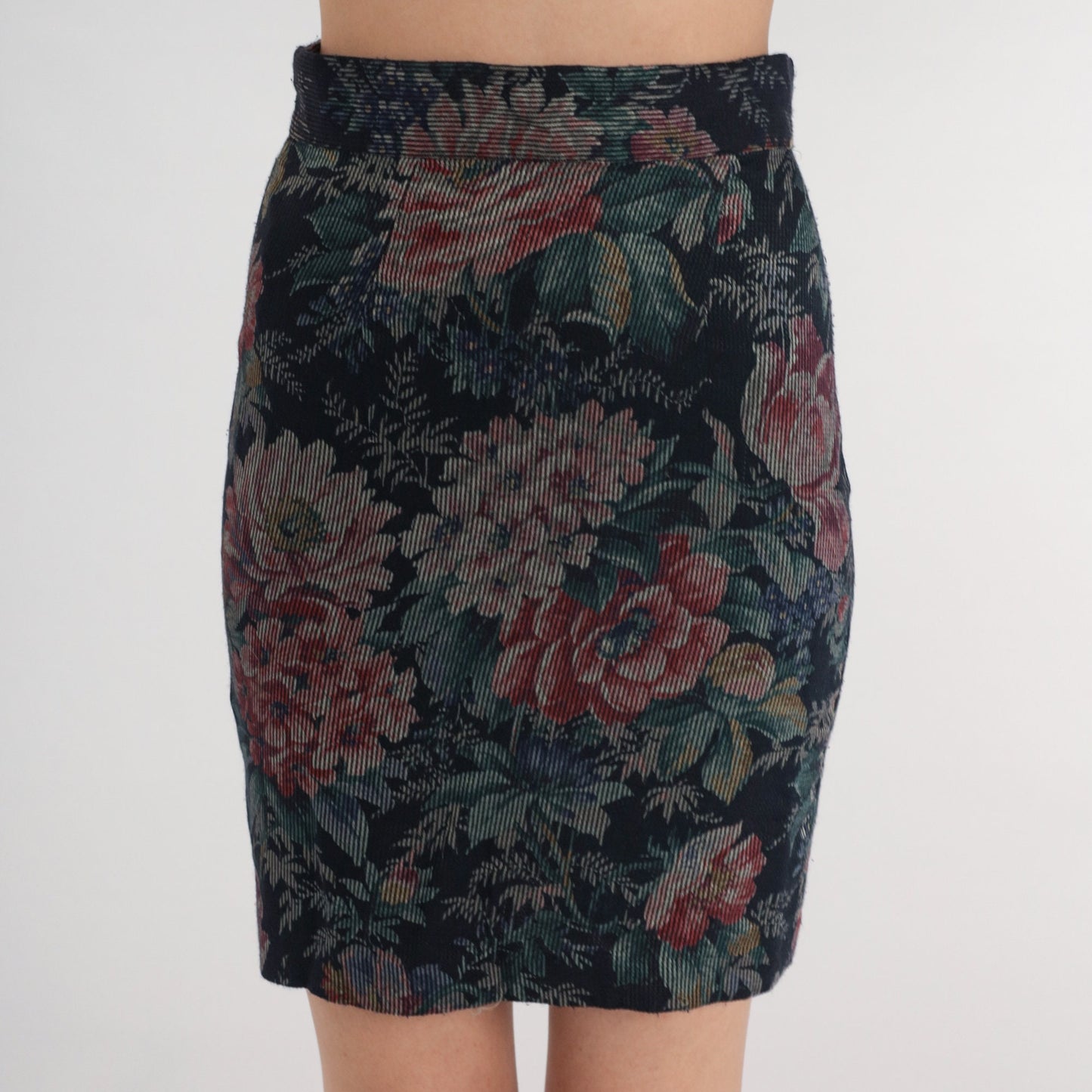 80s Byer of California Navy Floral Corduroy Mini Skirt High Waisted Pencil Extra Small