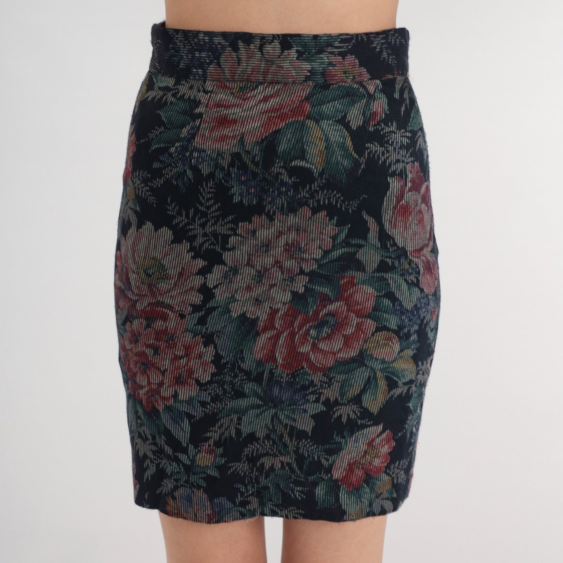 80s Byer of California Navy Floral Corduroy Mini Skirt High Waisted Pencil Extra Small
