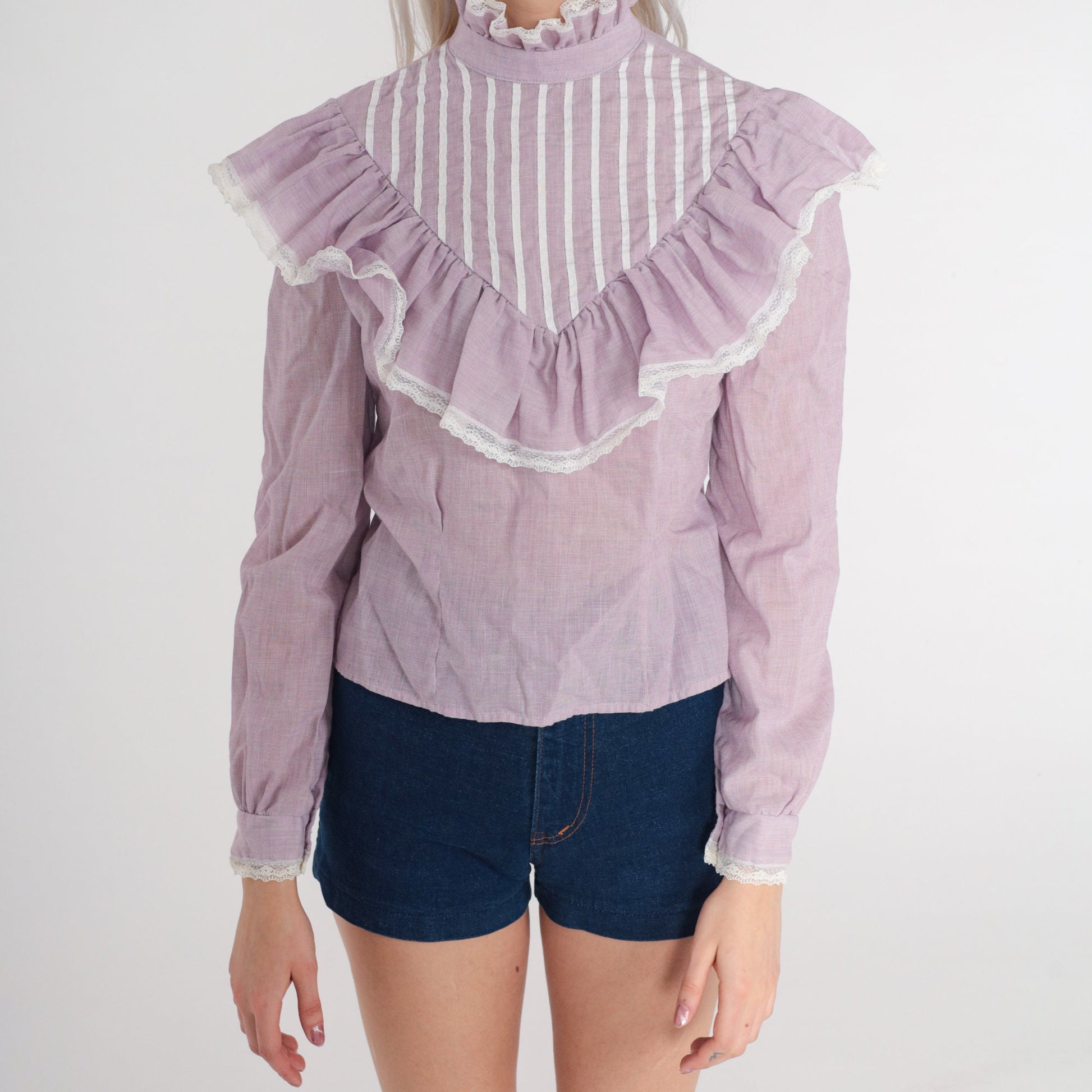 80s Lavender Striped Puff Sleeve Blouse Ruffled Neckline Button Back Small
