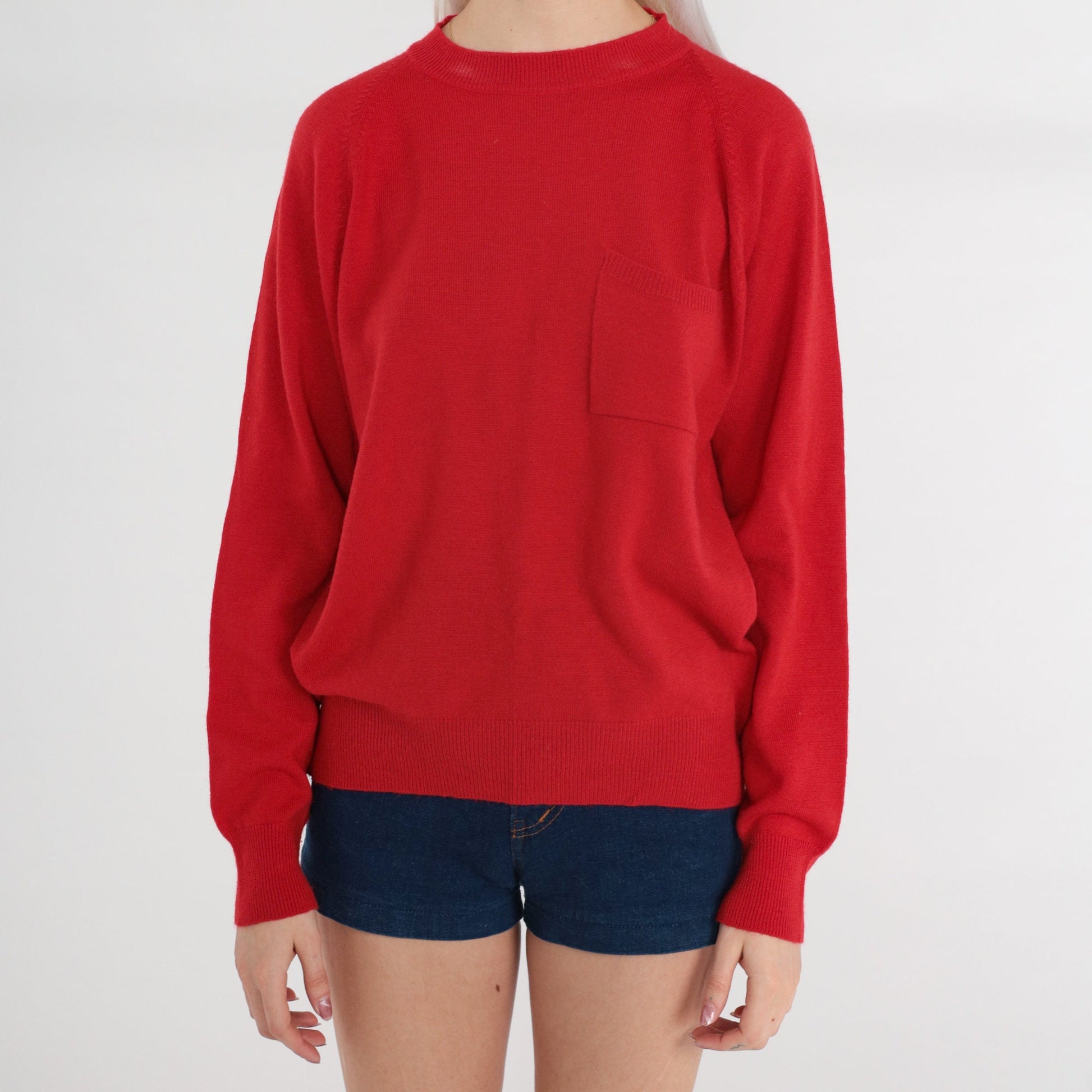 90s Red Lambswool Blend Crewneck Pullover Sweater Chest Pocket Medium M