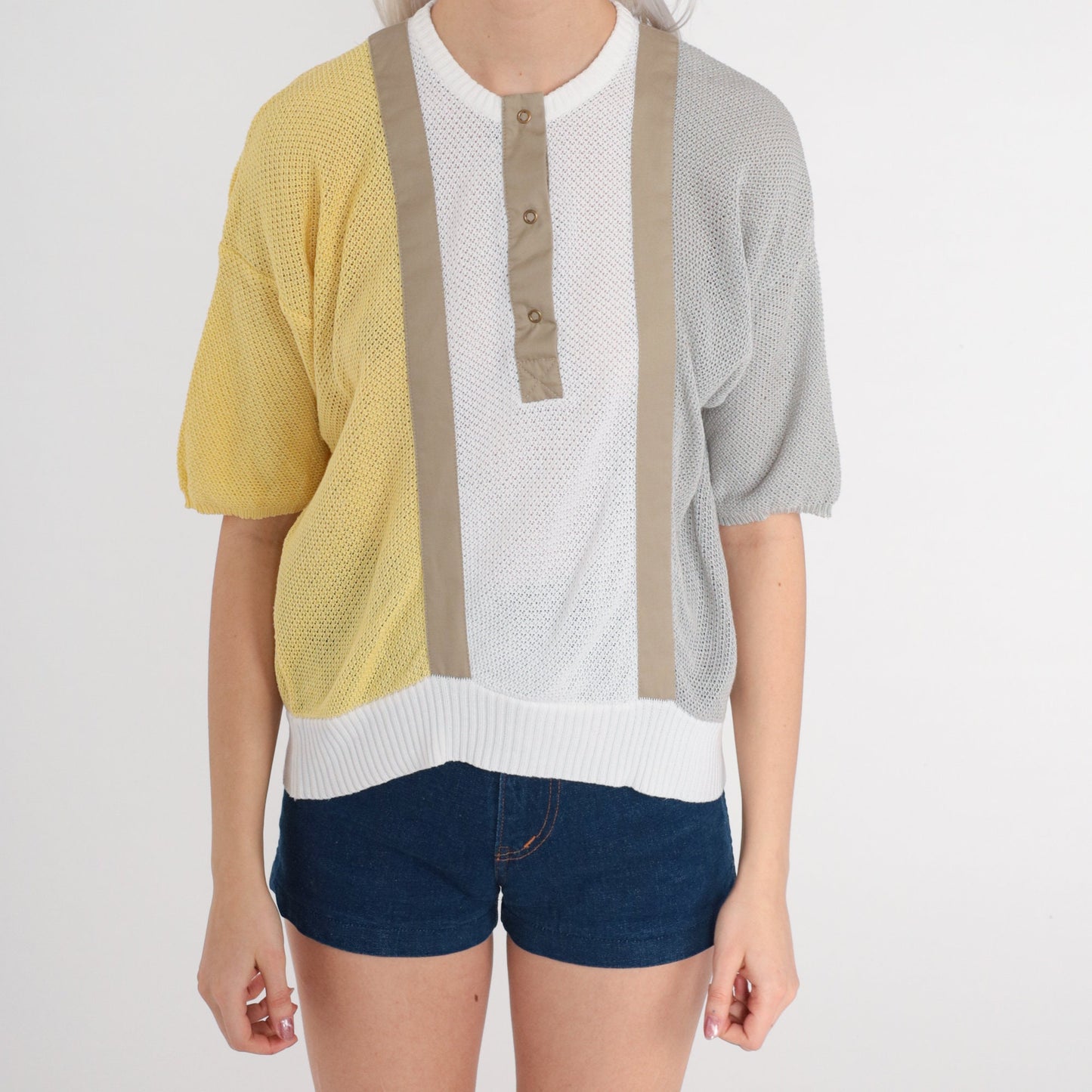 80s Sheer Color Block Knit Top Short Sleeve Henley Yellow White Grey Small