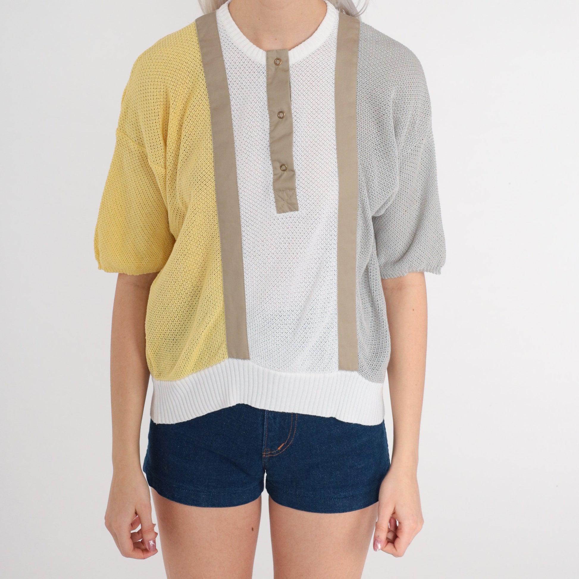 80s Sheer Color Block Knit Top Short Sleeve Henley Yellow White Grey Small