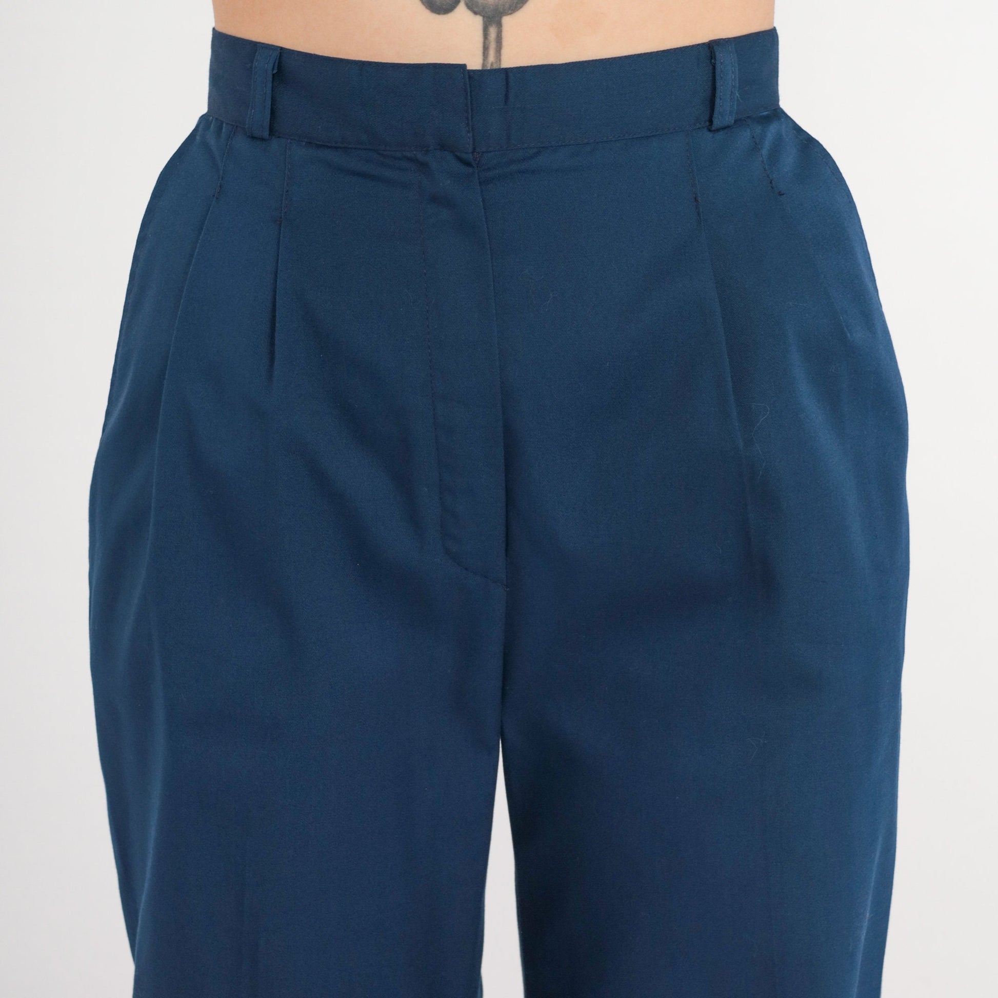 80s Navy High-Waisted Pleated Trousers Tapered Pants Small 26