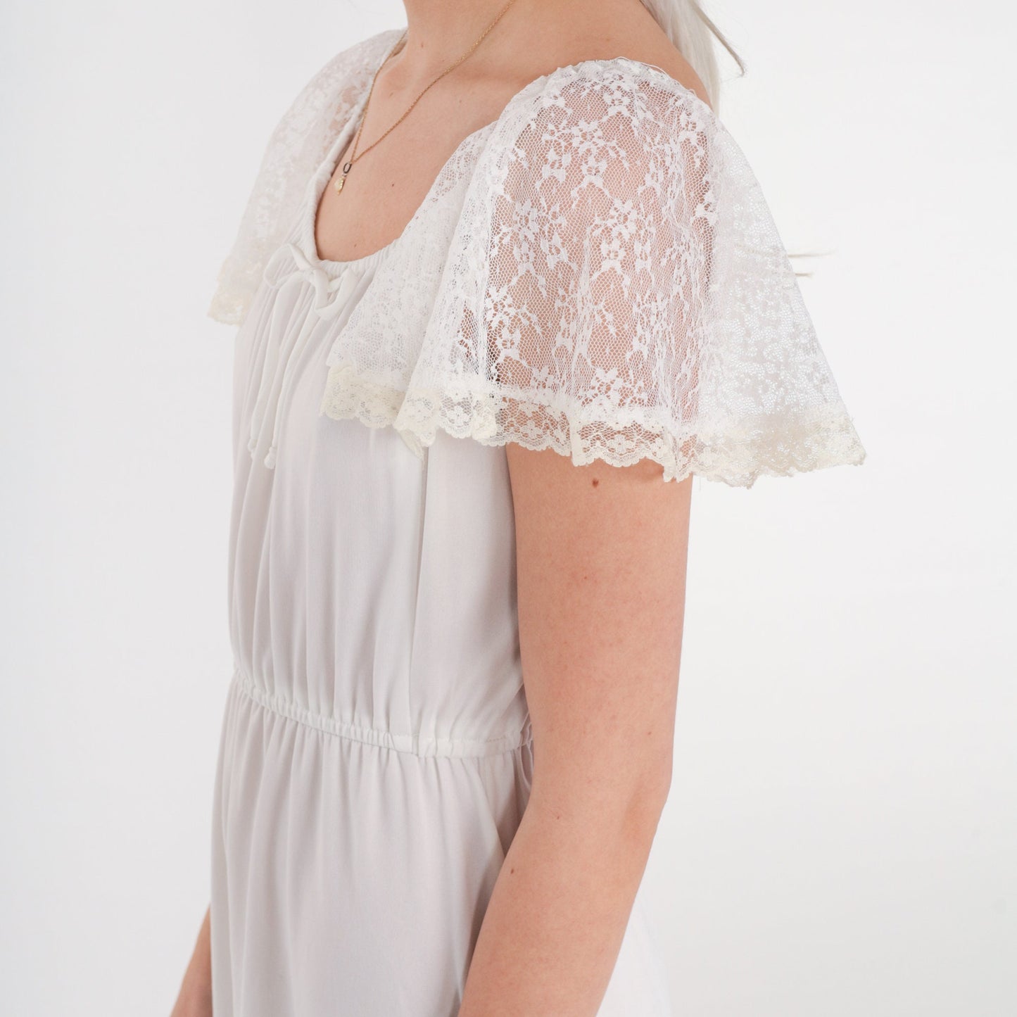 70s White Lace Flutter Sleeve Midi Dress High Waist Elastic Neckline Small Medium