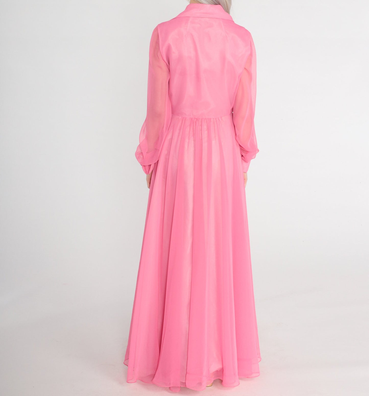 1970s Pink Chiffon Maxi Dress High Waist Button Front Long Sleeve Small