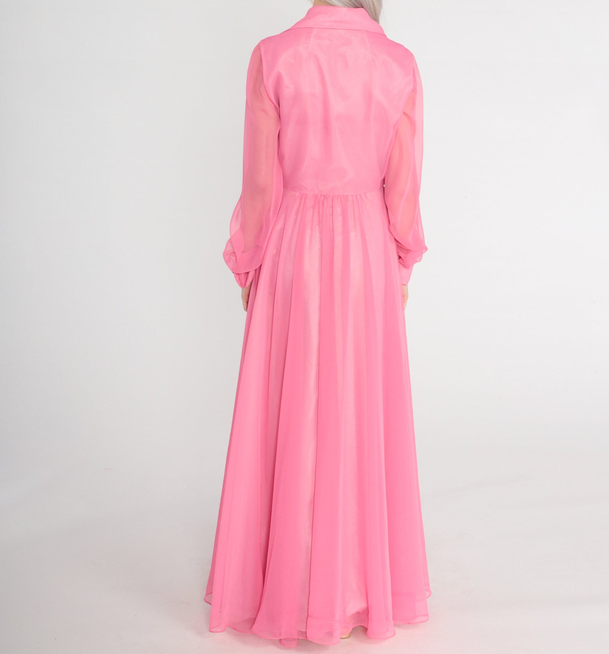 1970s Pink Chiffon Maxi Dress High Waist Button Front Long Sleeve Small