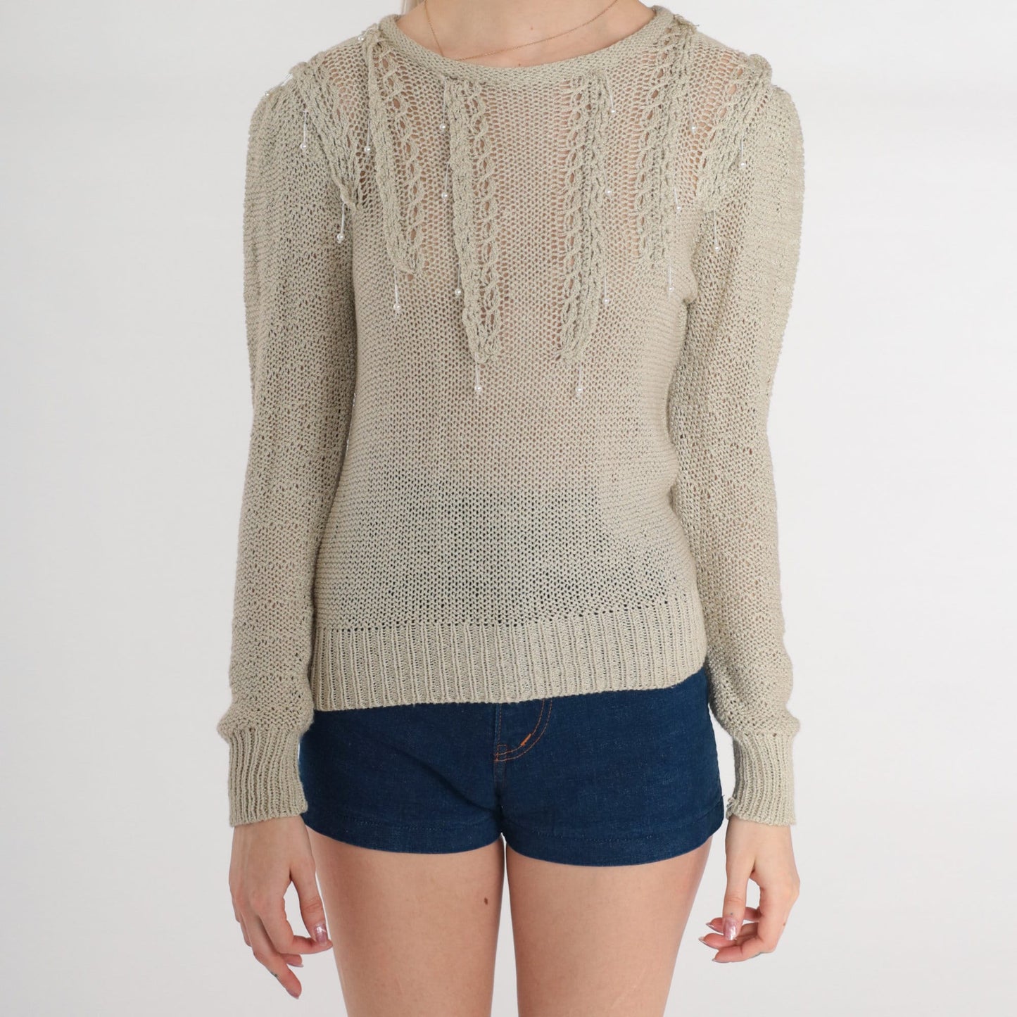 80s Currents Pearl Beaded Taupe Knit Sweater Puff Sleeve Extra Small