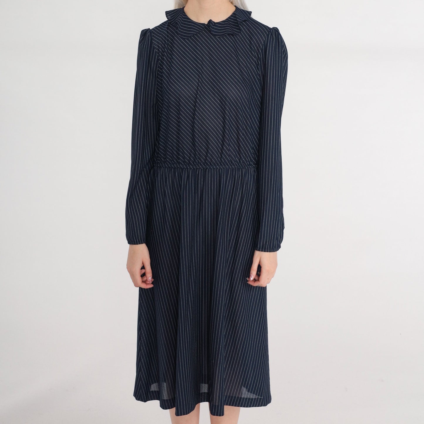 70s Navy Striped Midi Dress Puff Sleeve High Waist Ruffle Collar Small