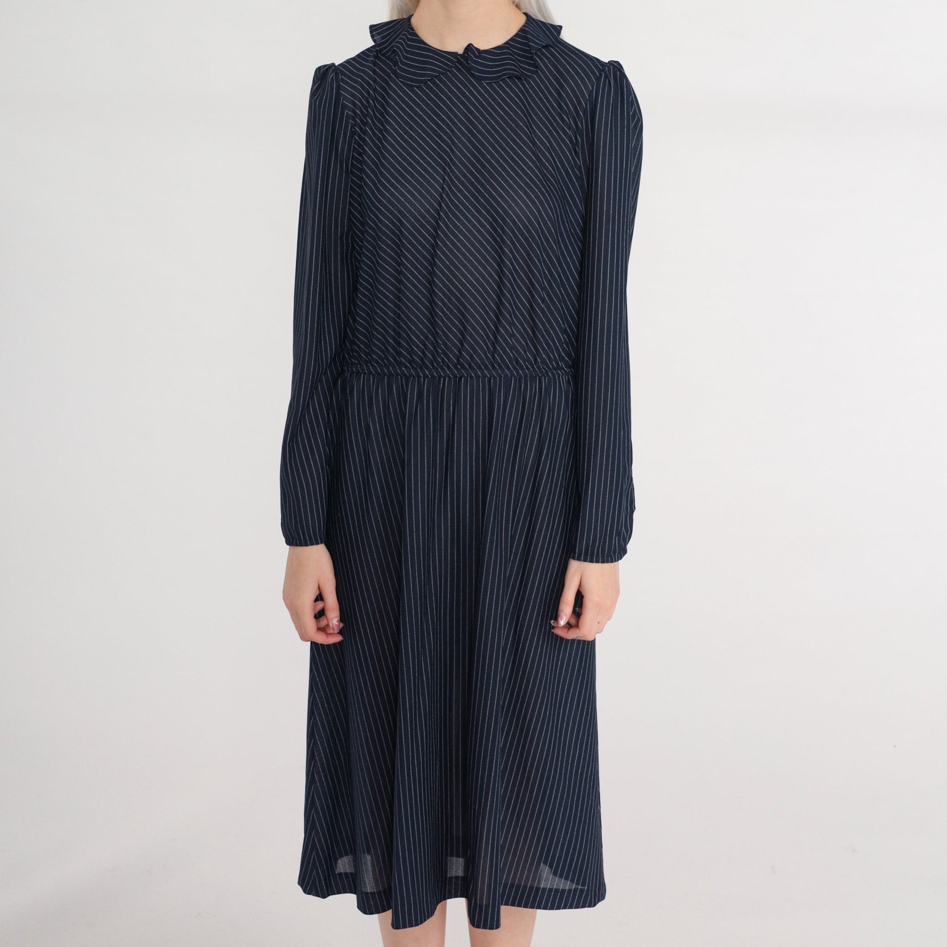70s Navy Striped Midi Dress Puff Sleeve High Waist Ruffle Collar Small