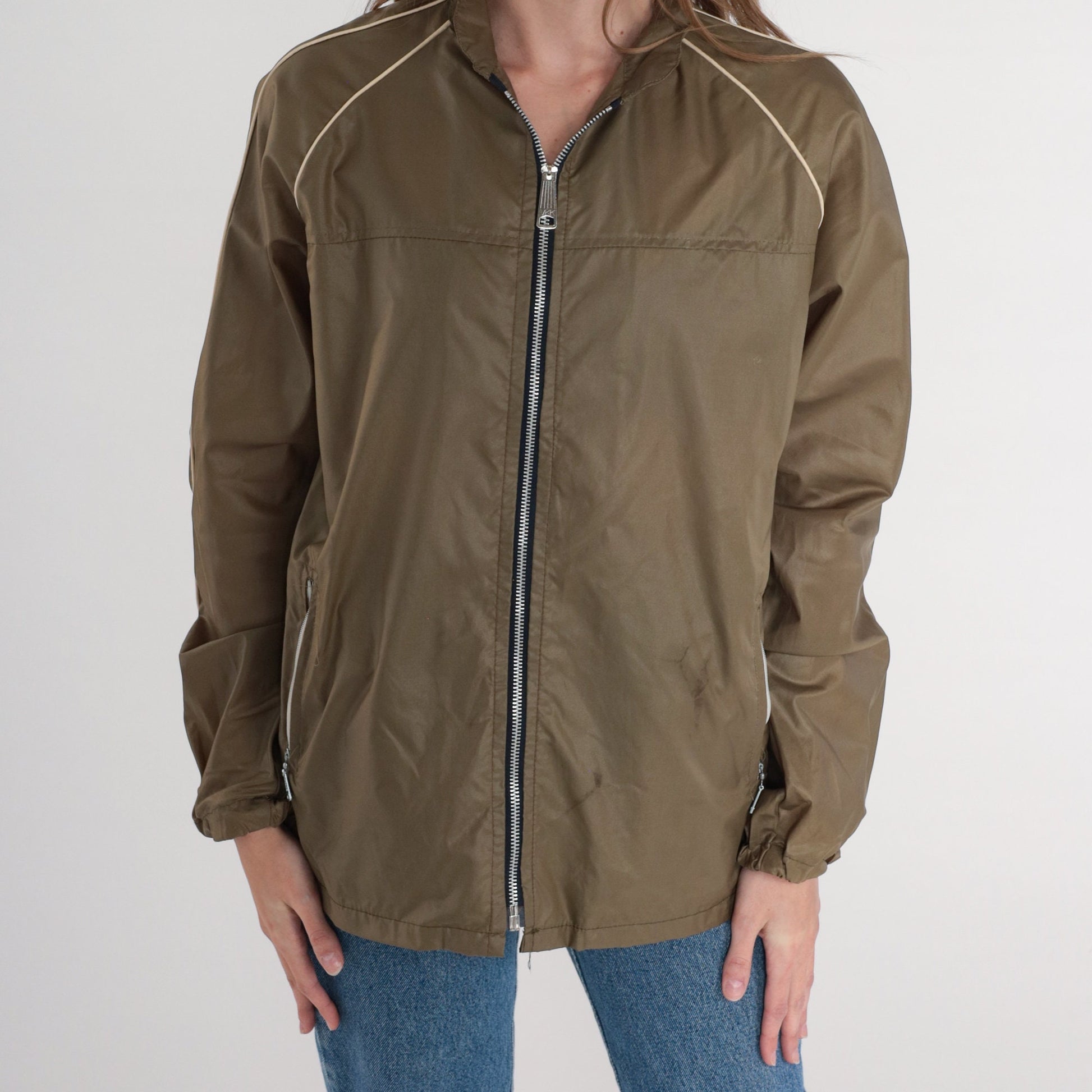 70s Olive Brown Nylon Windbreaker Jacket Zip Hood Large L