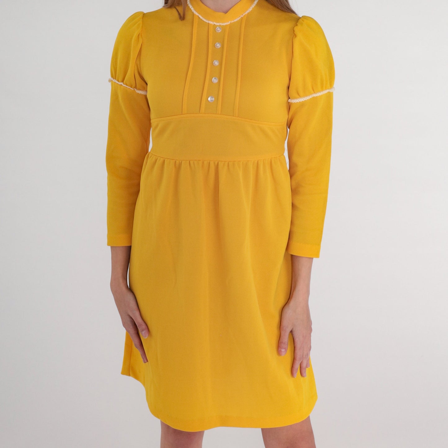 70s Yellow Babydoll Mini Dress Puff Sleeve Empire Waist XXS