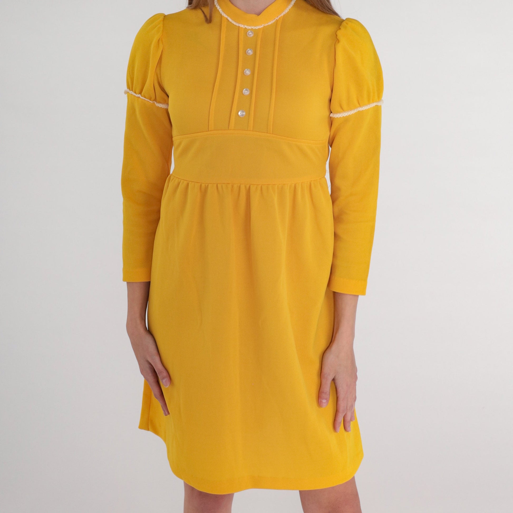 70s Yellow Babydoll Mini Dress Puff Sleeve Empire Waist XXS