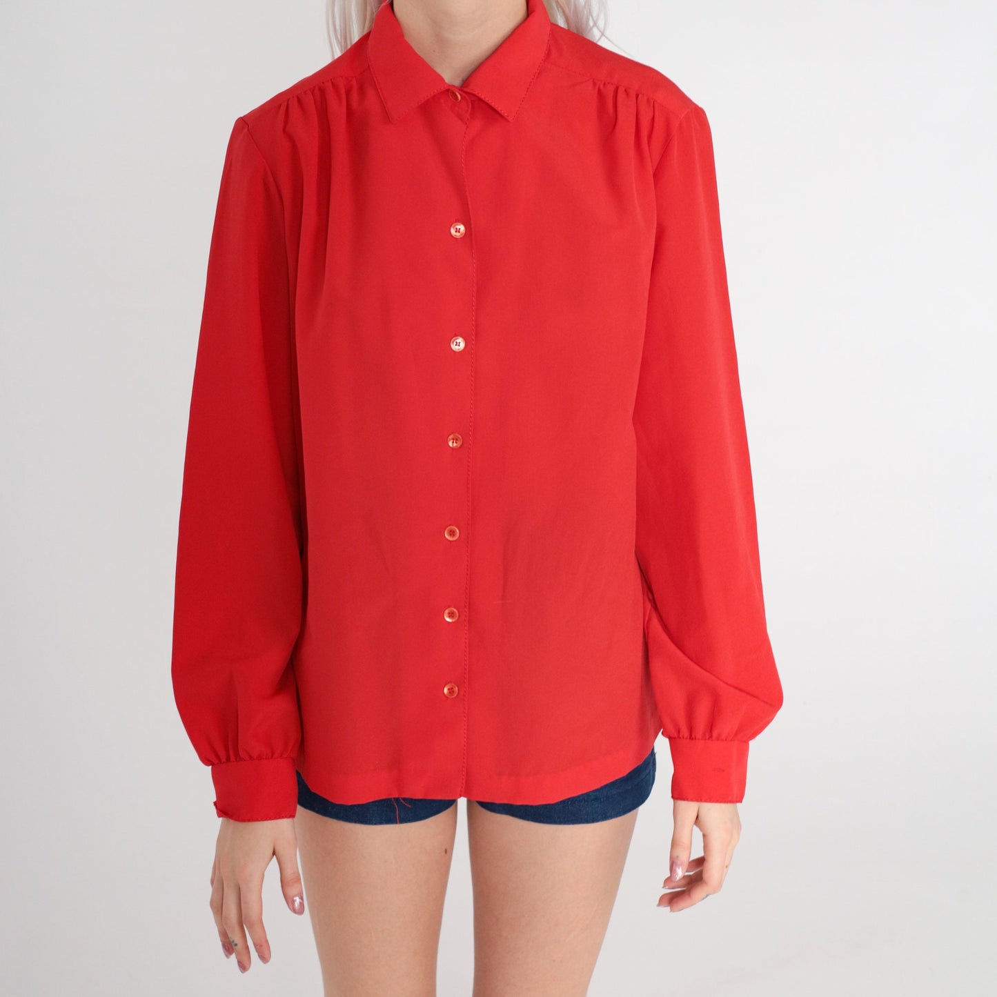 80s Red Button-Up Blouse Long Sleeve Collared Shirt Large L