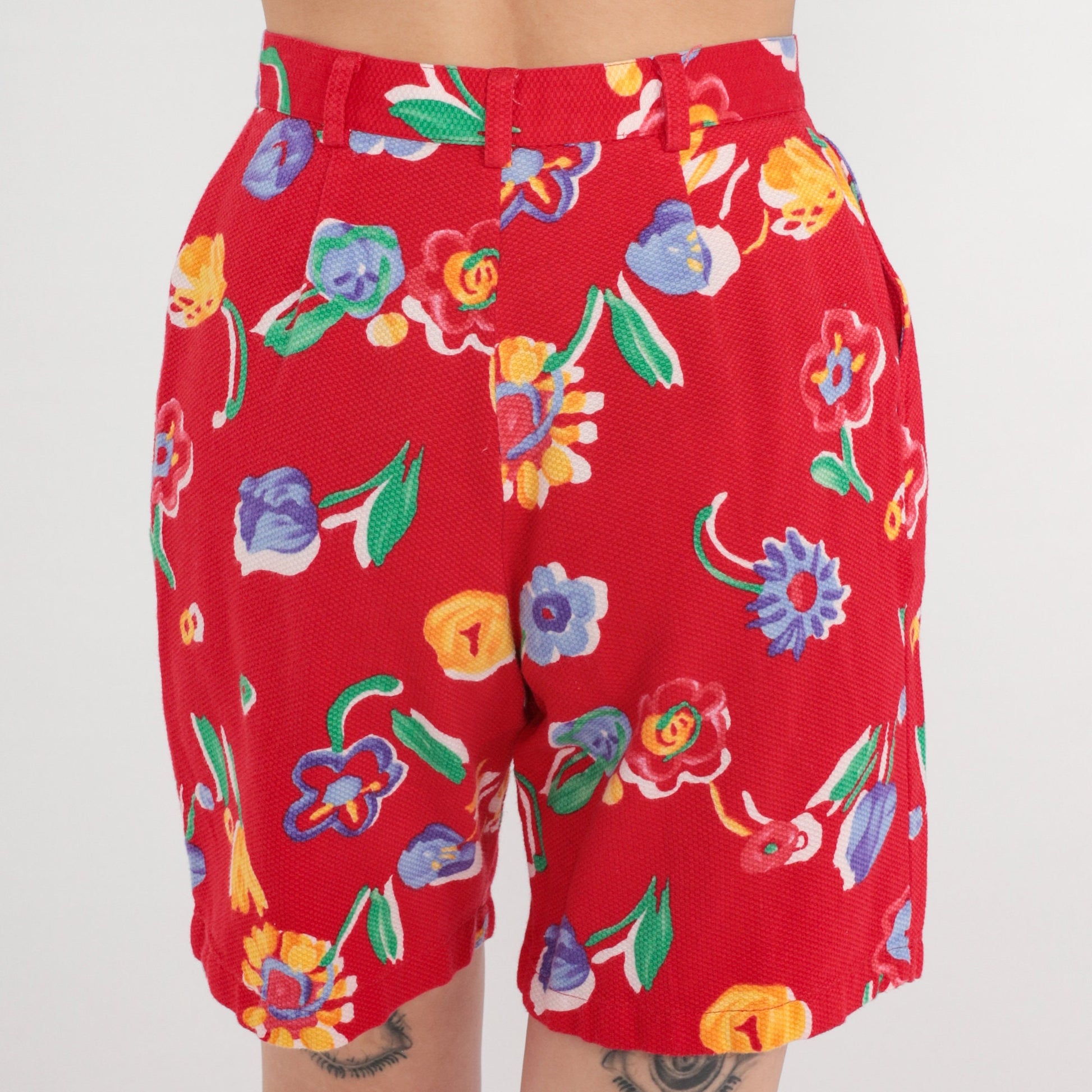 90s Red Floral High-Waisted Shorts Cotton Pockets Small