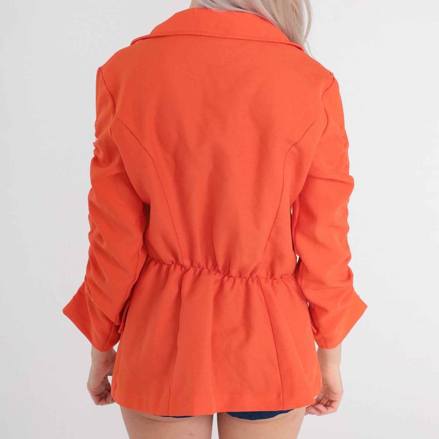 70s Orange Blazer Notched Collar Ruched Sleeves Eyelet Lace Extra Small