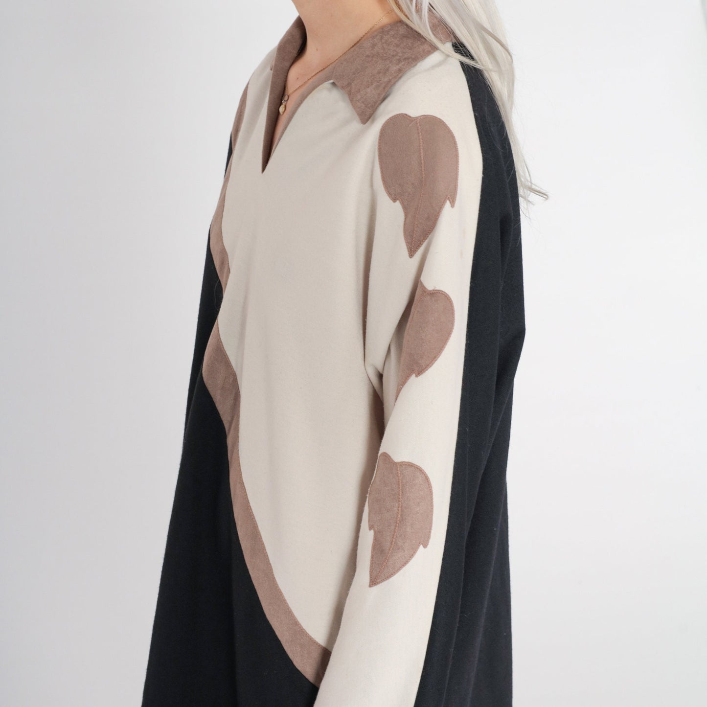 70s Shift Dress Faux Suede Leaf Print Colour Block Mini Black Beige Large