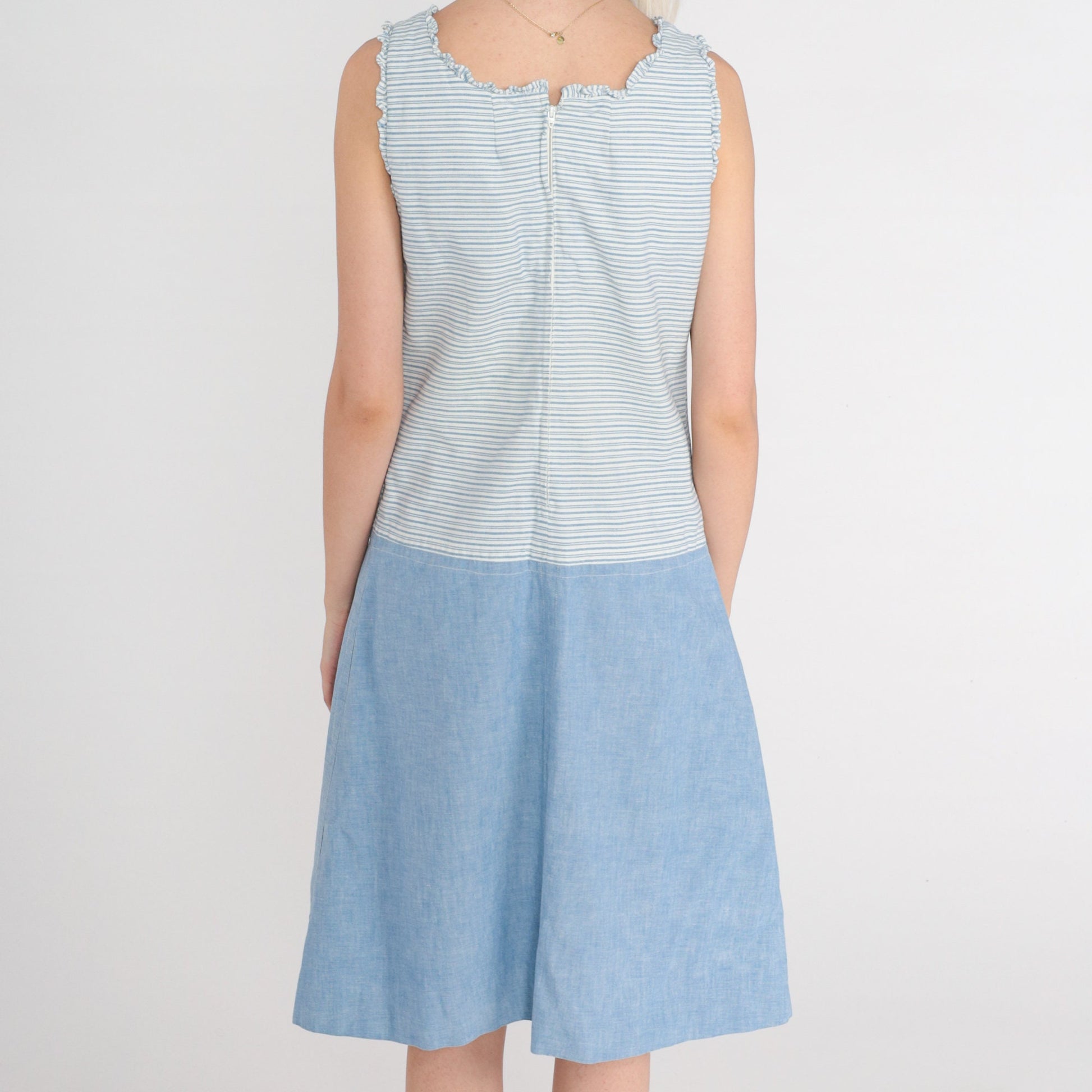 60s Mod Shift Dress Blue White Striped Mini Drop Waist Sleeveless Small