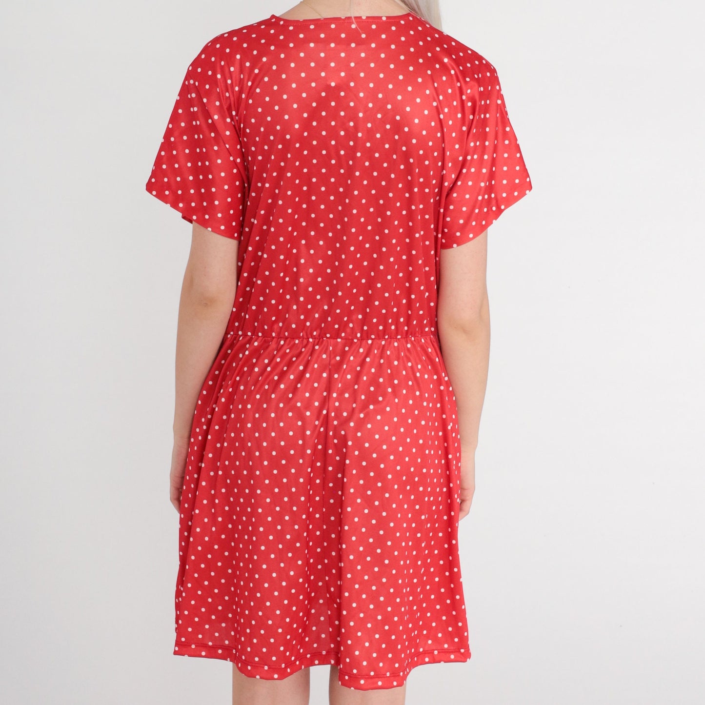 80s Red Polka Dot Button-Up Mini Dress High Waist Shirtdress Large