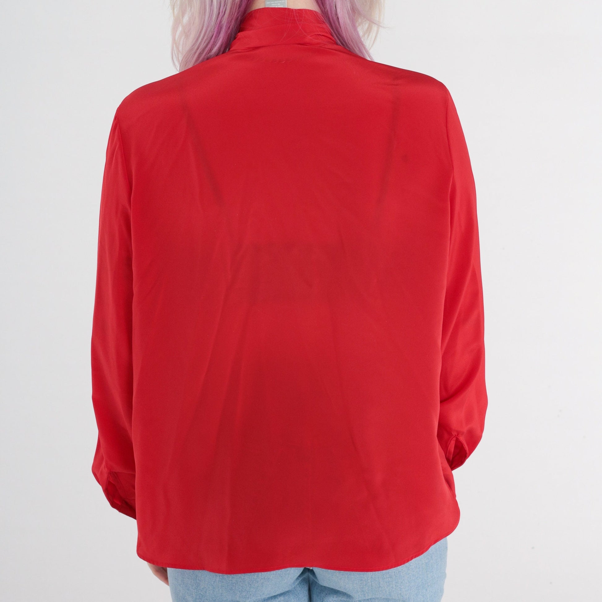 80s Red Ascot Bow Blouse Long Sleeve Button-Up Secretary Shirt Medium 8