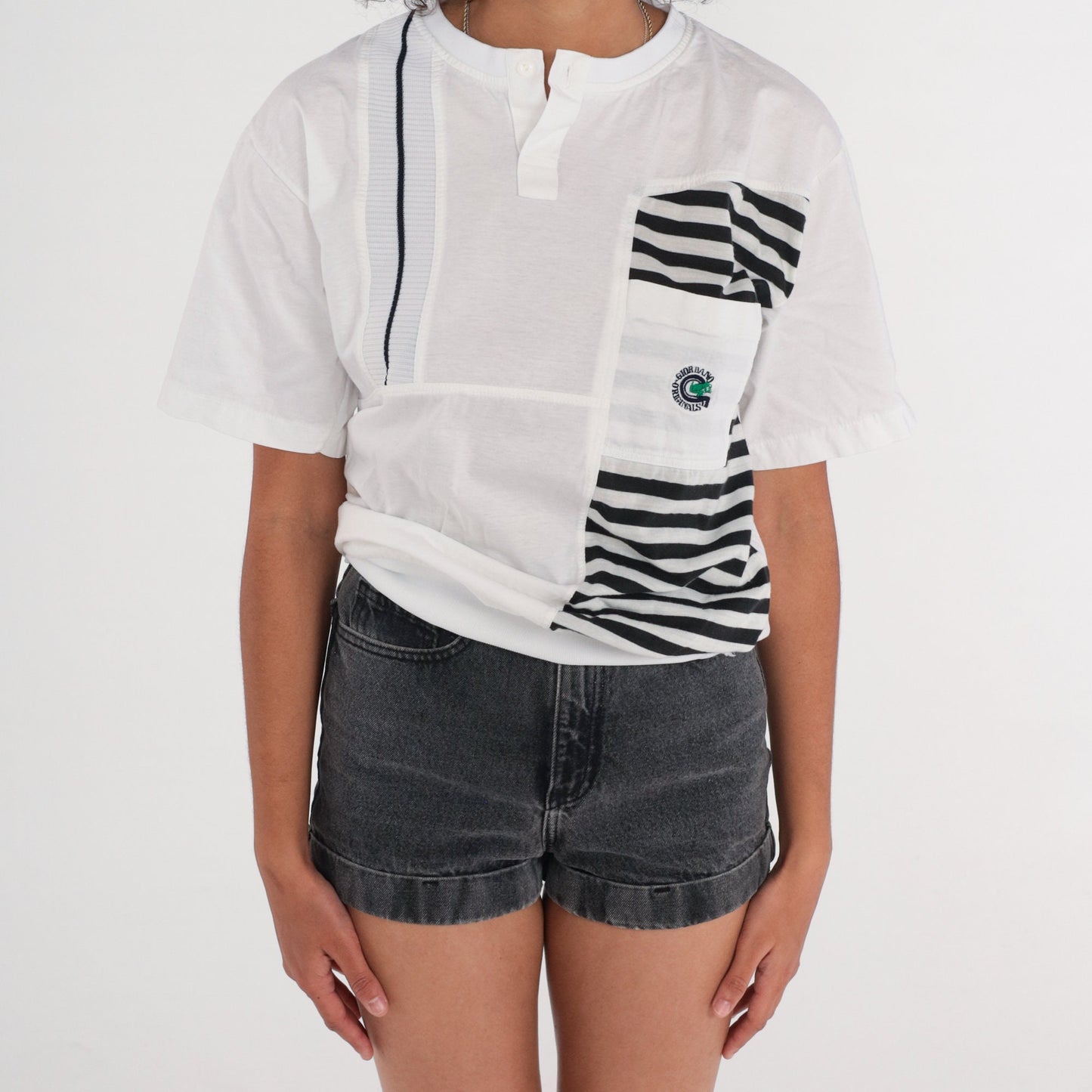 90s Giordano Striped Henley Shirt White Black Short Sleeve Medium
