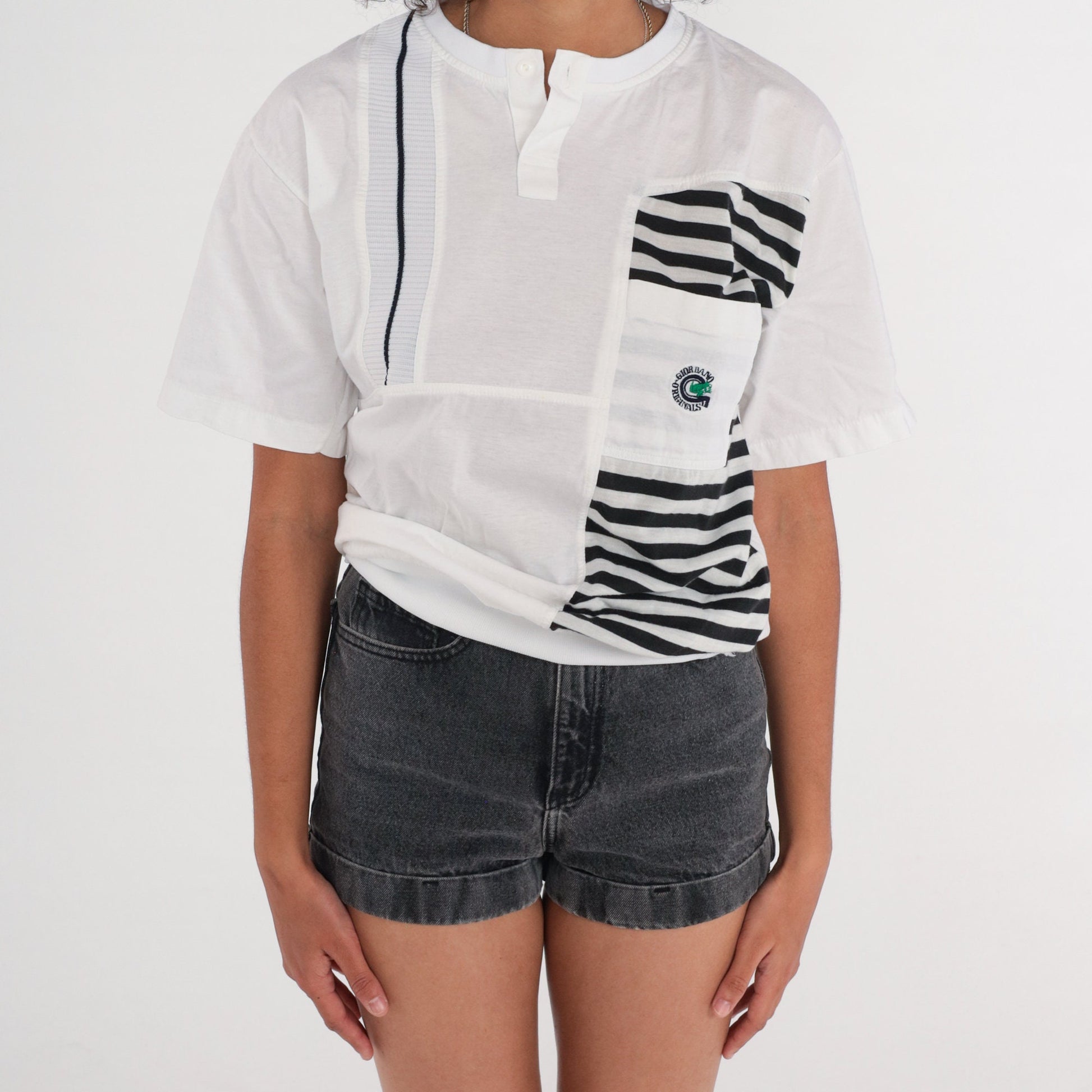 90s Giordano Striped Henley Shirt White Black Short Sleeve Medium